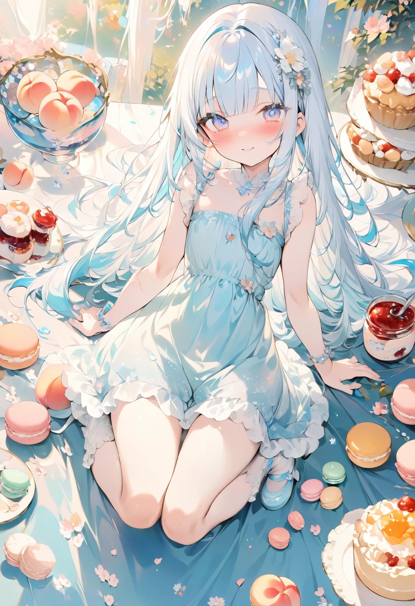 masterpiece, best quality, extremely detailed, (illustration, official art: 1.1), 1 girl, (((light blue long hair)))), ((( long hair))), light blue hair,, long hair ((blush)) , cute face, big eyes, masterpiece, best quality, (((a very delicate and beautiful girl)))), amazing, beautiful detailed eyes, blunt bangs (((little delicate girl)))), tareme (true beautiful: 1.2), sense of depth, dynamic angle,, (((tareme))), (true beautiful: 1.2), (tiny 1girl model: 1.2) (flat chest),1girl,(kawaii, floating, peach, fruits, cake, jam jar, muffin, ****pop, macaron, sweets explosion:1.3), kawaii clothes, frill, lace, kawaii hair ornament, kawaii bracelet, kawaii socks, kawaii footwear,full body, smile, sitting,