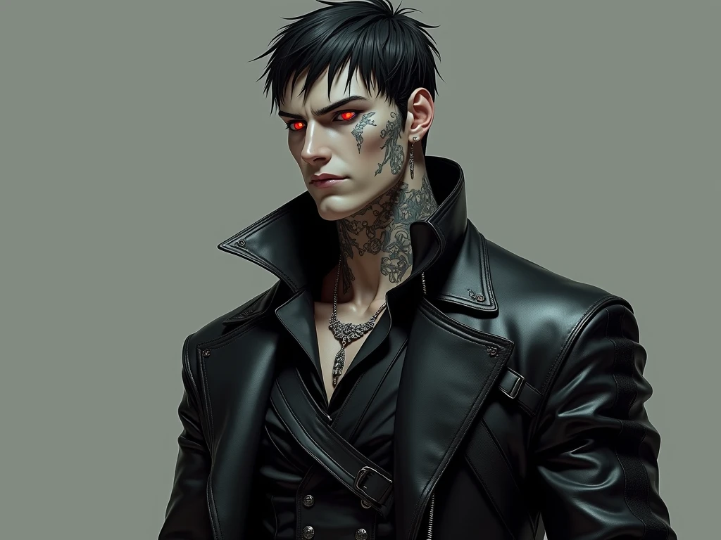 Male. Attractive Zombie. Glowing blue eyes. Slender, hut muscled. Black hair. Punk hairstyle. Lots of piercings. Dressed in leather.