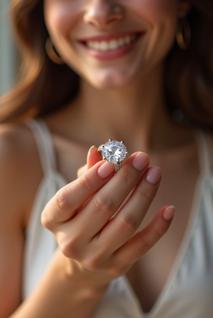 (photorealism: 1.2), shot of a bronzed hand with a beautiful engagement ring