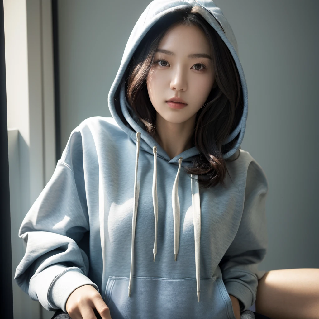 Masterpiece, photorealistic, ultra detail, 8k quality, woman wearing a hoodie, leaning against the wall, one hand tucked into her pocket, her other hand holding her hair, standing looking sideways, side face, hair forward, gray hoodie,