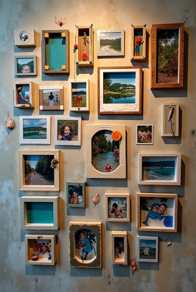 A boy is putting photo frames on the wall