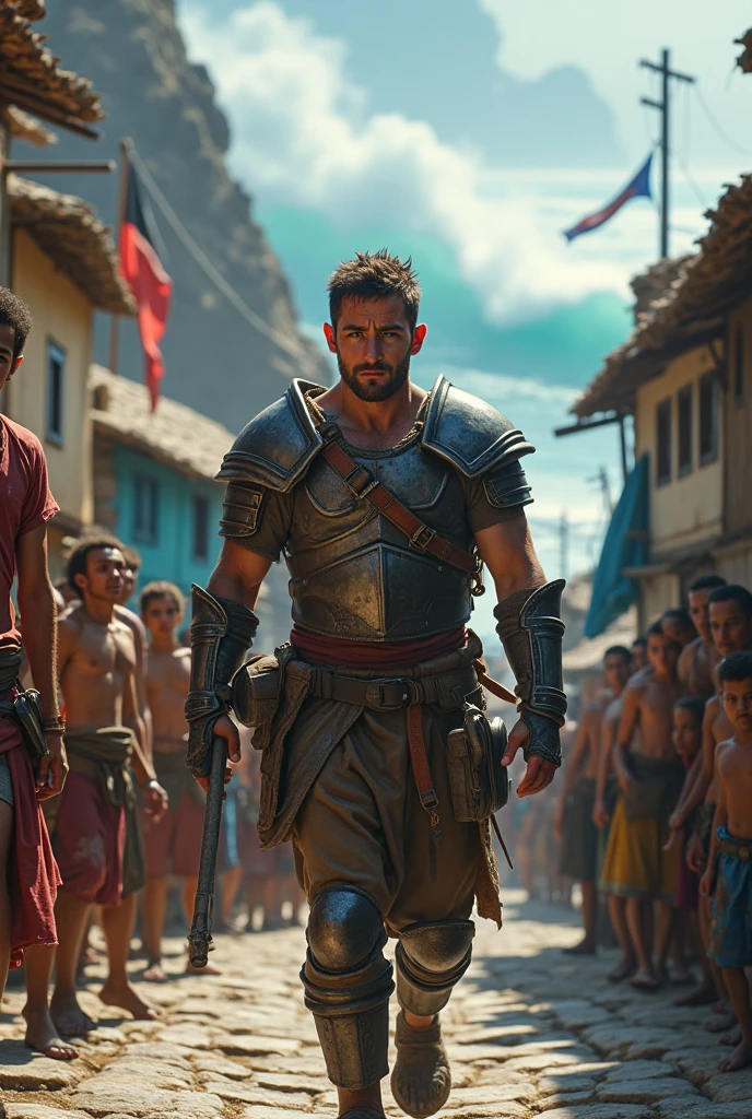 Create a striking visual representation of a solitary Roman warrior courageously confronting a vast army of 100 soldiers. The color palette should be focused on black, white, and red, with these colors used to convey the intensity and drama of the battle. Depict the lone fighter with meticulous detail, showcasing their strength and resilience amidst the chaos of the conflict. Use shadows, highlights, and dynamic composition to enhance the overall impact of the scene. The image should capture the essence of a heroic struggle and highlight the contrast between the lone warrior and the overwhelming opposition