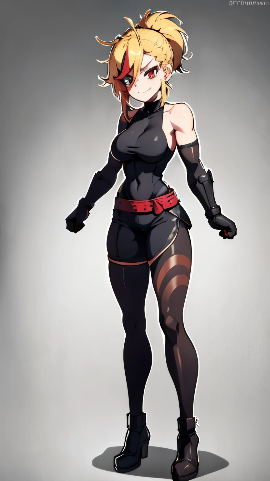 she is back, insane smile,(masterpiece, best quality:1.2), red glowing eyes, red eyes, the eyes are red, perfect face, strong make up, highres, 1 girl, ultra long ponytail, (female:1.5), strife, blonde hair streaked with lots of red highlights, two colors hair (blond and red), hight flame mistress outfit, shoulder armor, sleeveless turtleneck, suspenders, belt, gloves, bracer pre potent smile , evil smile, evil pose, lovely pose, portrait, looking at viewer, Her hair is streaked with lots red and blonde highlights, moon tribal tattoo, Full body overview, Full body view