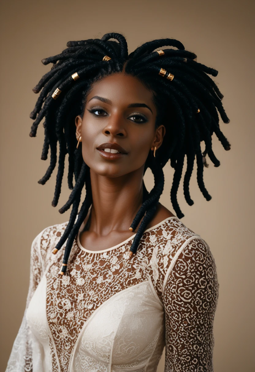 Effrayante ((sorcière)) africaine ((gros seins nus)), (((peau noire))), ((bijoux en os)), ((pagne en peau)), ((dreadlocks)), ((style bande dessinée)), ((masque en os)), savane africaine, ambiance Lovecraft 