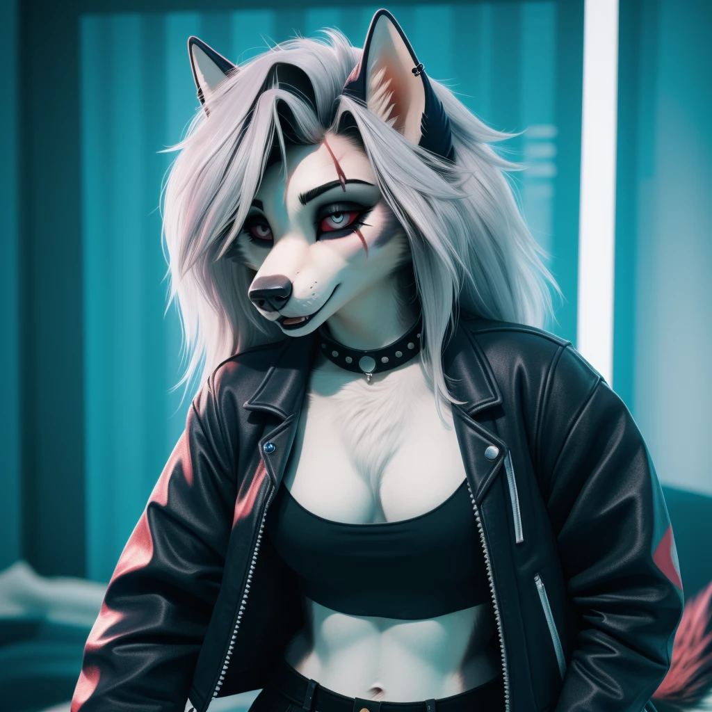 female, furry, wolf anthro, solo, white fur, red eyes, (Realistic eye details 1.2), headphone on head, business suit wear, Character focus, abs, Full body like, Masterpiece, dramatic lighting, soft lighting, day, highly detail, Hair coiled