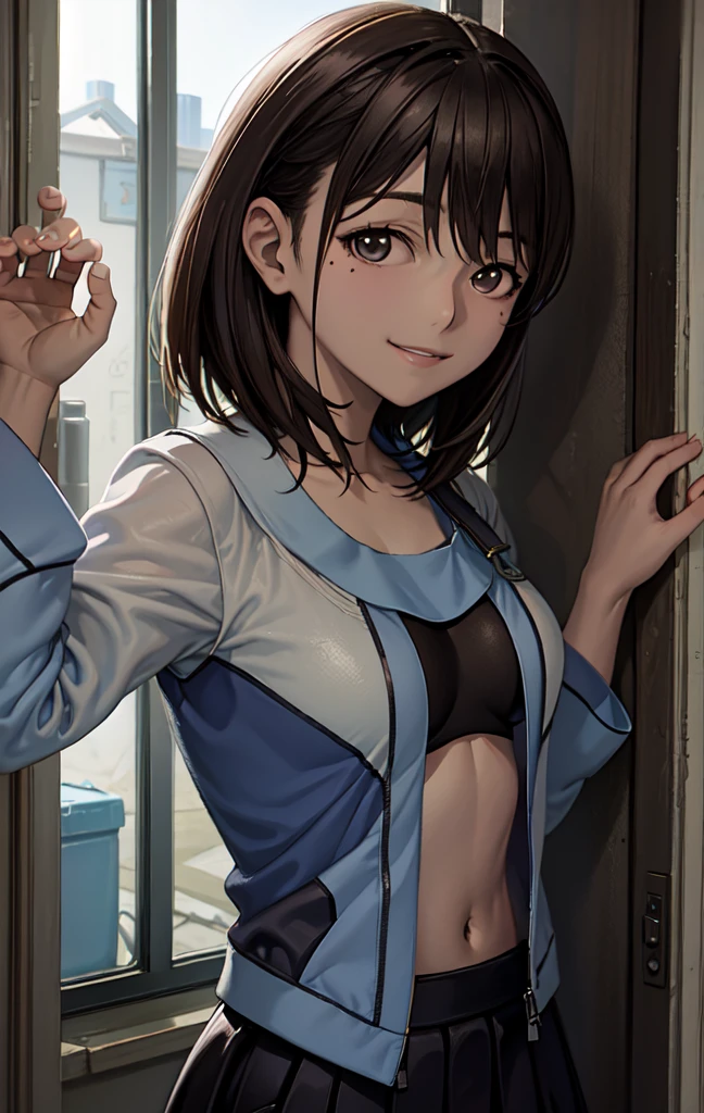 masterpiece, 最high quality, alone,One girl,View your viewers,Cowboy Shot,Anime Style, Ann,Look at her, Great environment, Very detailed, high quality, Are standing, Blurred background, Undressing, Change of clothes, Open shirt, Shirtless, Black Bra, Pure White Panties,locker, window, Medium chest, Mouth closed, sunlight, Lips parted, Backlight, 