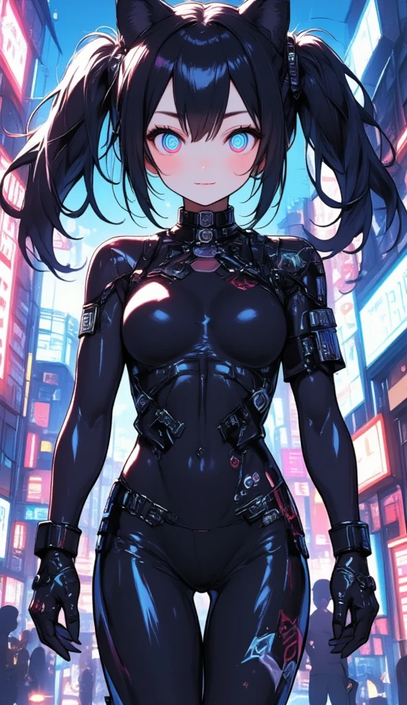  A beautiful young Japanese woman . 
 black hair , far away, fluttering. 
Bioluminescent blue eyes. 
Dressed in a futuristic jumpsuit.
neon effect.
seen from the front.
 full body . 
(anime style 32K, HDR, UHD, intricate detail, extremely intricate detail, hyperrealistic, extremely realistic, high quality, vivid color, extremely detailed, a masterpiece).