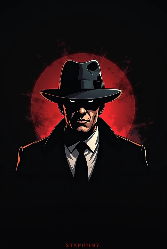 em um fundo negro uma poltrona vermelha com um guaxinin sentado nela o guaxinin esta vestindo uma roupa de mafia terno preto e um chapeu de mafia