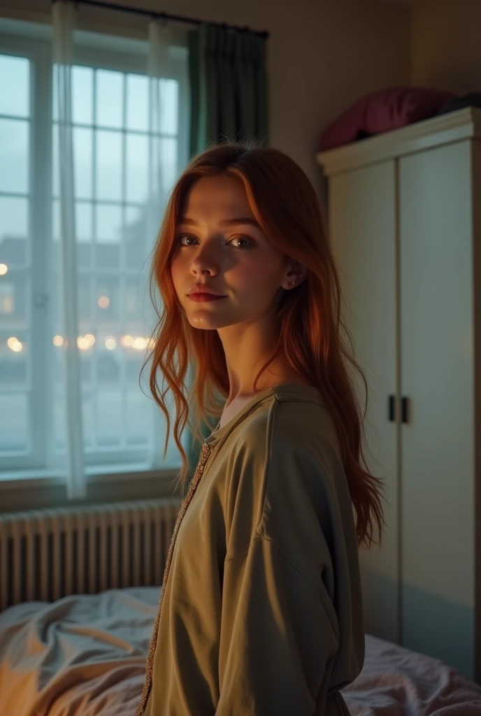 (((Masterpiece))), 25-year-old Caucasian French girl with shoulder-length messy red hair, adorned with crystal glow, blooming hair akin to . Certainly!
A silhouette of a girl standing with her back to the camera. She is wearing short shorts and a black hoodie. Her face is not visible.