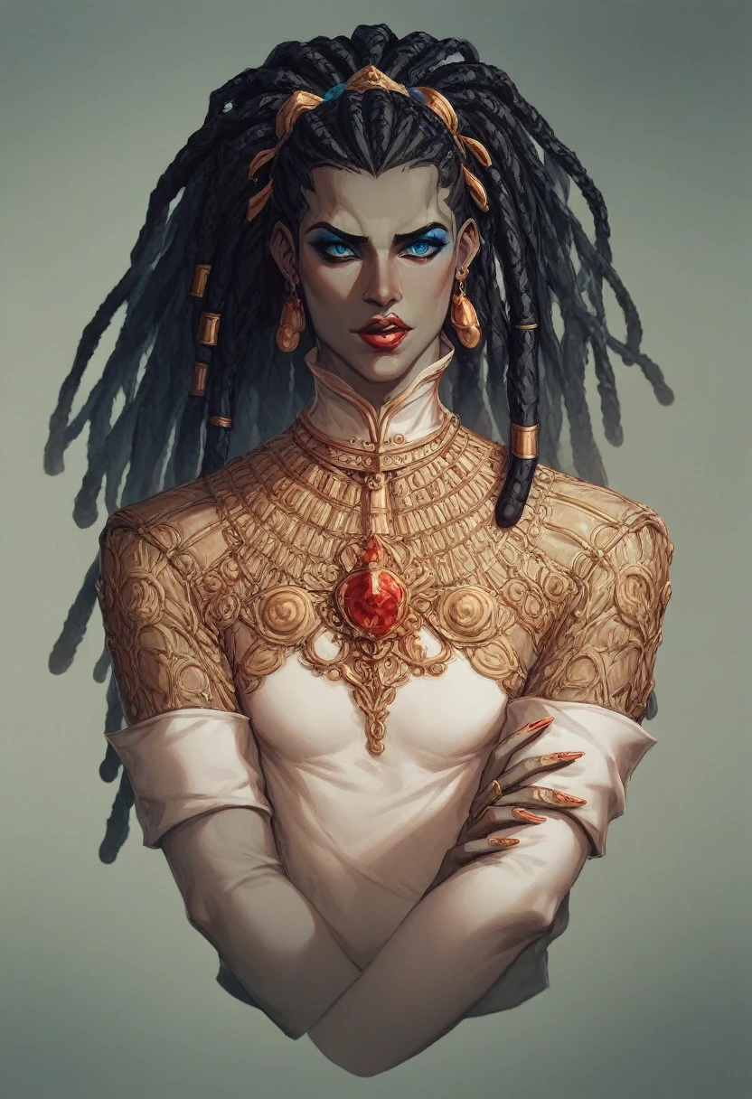 Effrayante ((sorcière)) africaine ((gros seins nus)), (((peau noire))), ((bijoux en os)), ((pagne en peau)), ((dreadlocks)), ((style bande dessinée)), ((masque en os)), savane africaine, ambiance Lovecraft 