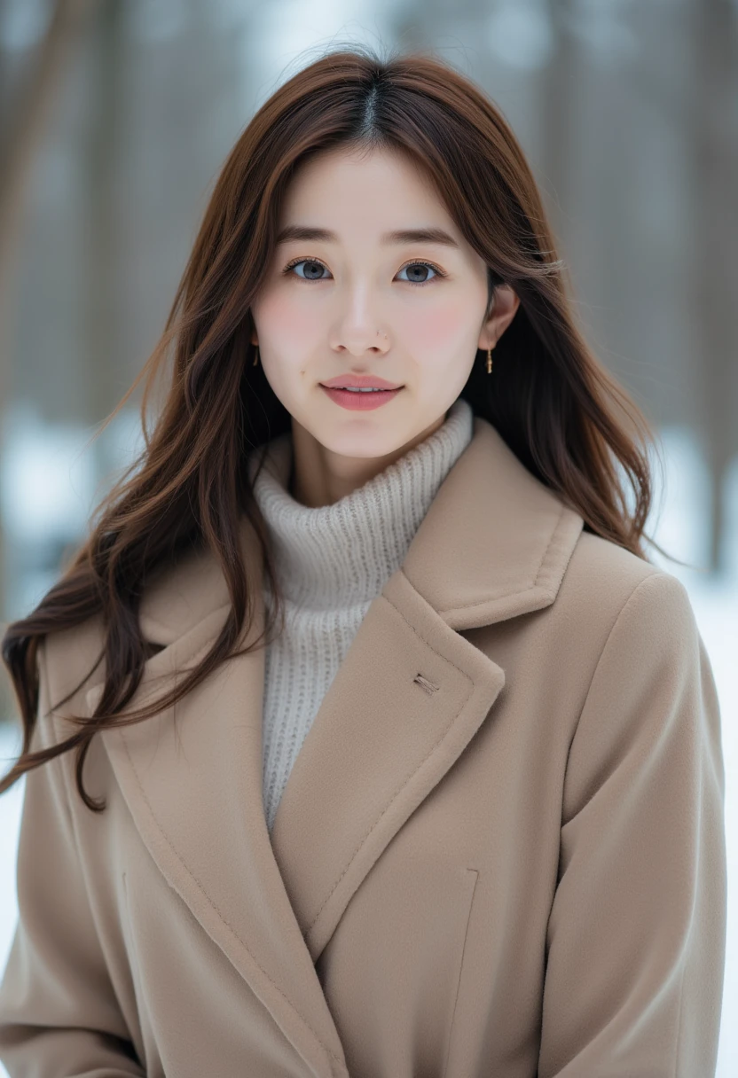 cinematic photo of an asian woman, wearing a elegant beige coat ,black mink scharf,  smile, snow, 35mm photograph, film, bokeh, professional, 4k, highly detailed, the Photo coveys her elaborate atmosphere and Elegance. Cute and kindness.