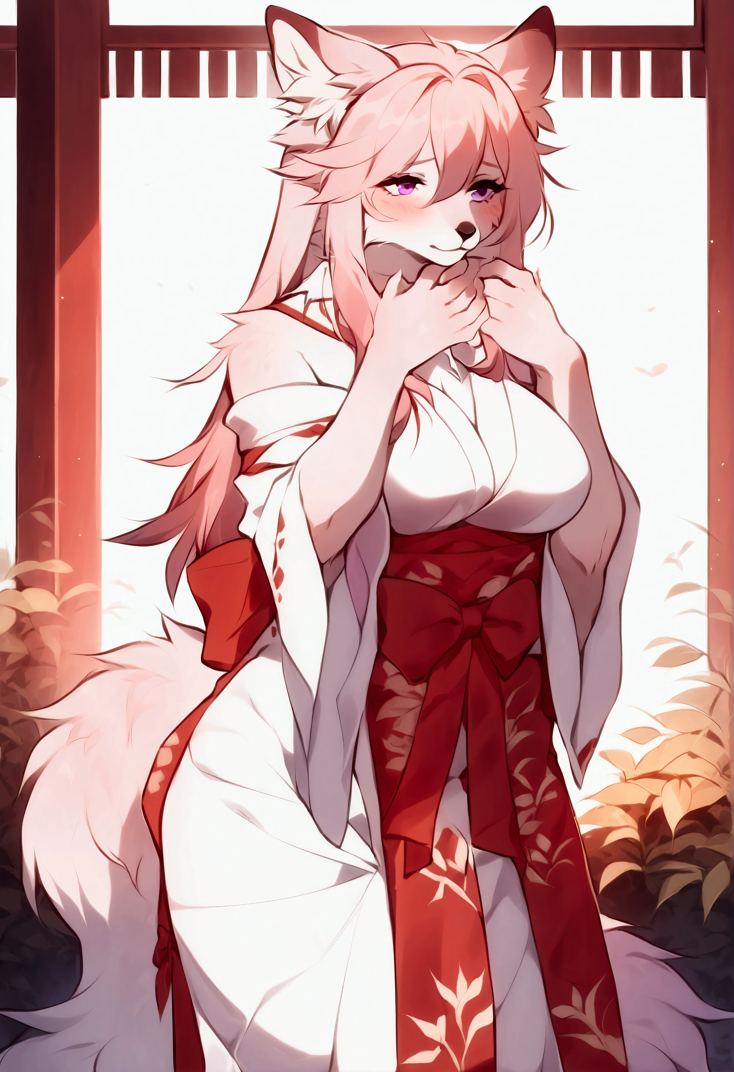 (top quality, best quality, Fumiko, High-quality illustrations, masterpiece, perfect artwork, cinematic light and shading, 16k, 1080p, uploaded on e621)(kemono, furry, anthro, alone), 1 mature female, (very detailed body, face, tail, arms, hands, legs, head and eyes), fox, Yae Miko, (Genshin Impact), hunter body, mature body, big breasts, pink fur, fluffy, fluffy tail, shrine maiden long hair, perfect eyes, purple eyes, black pupils, beautiful shrine dress, beautiful legwear, beautiful shrine garden, body movement, body twitching, red blushing, shy, protective behavior, full body view