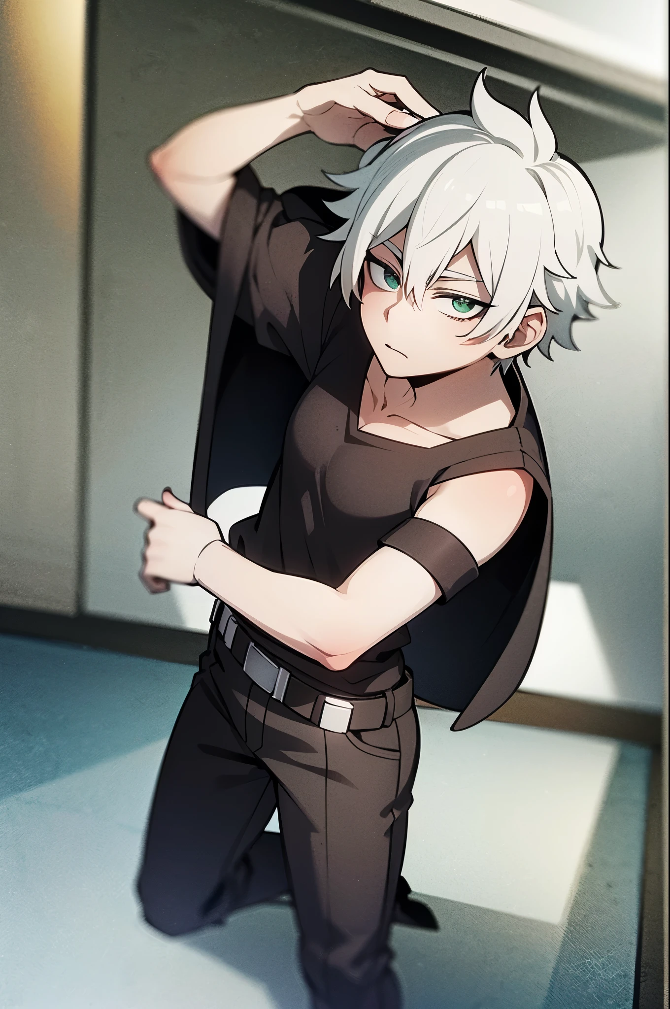 male anime character with short white hair, green eyes and pale skin in the style of My hero academia