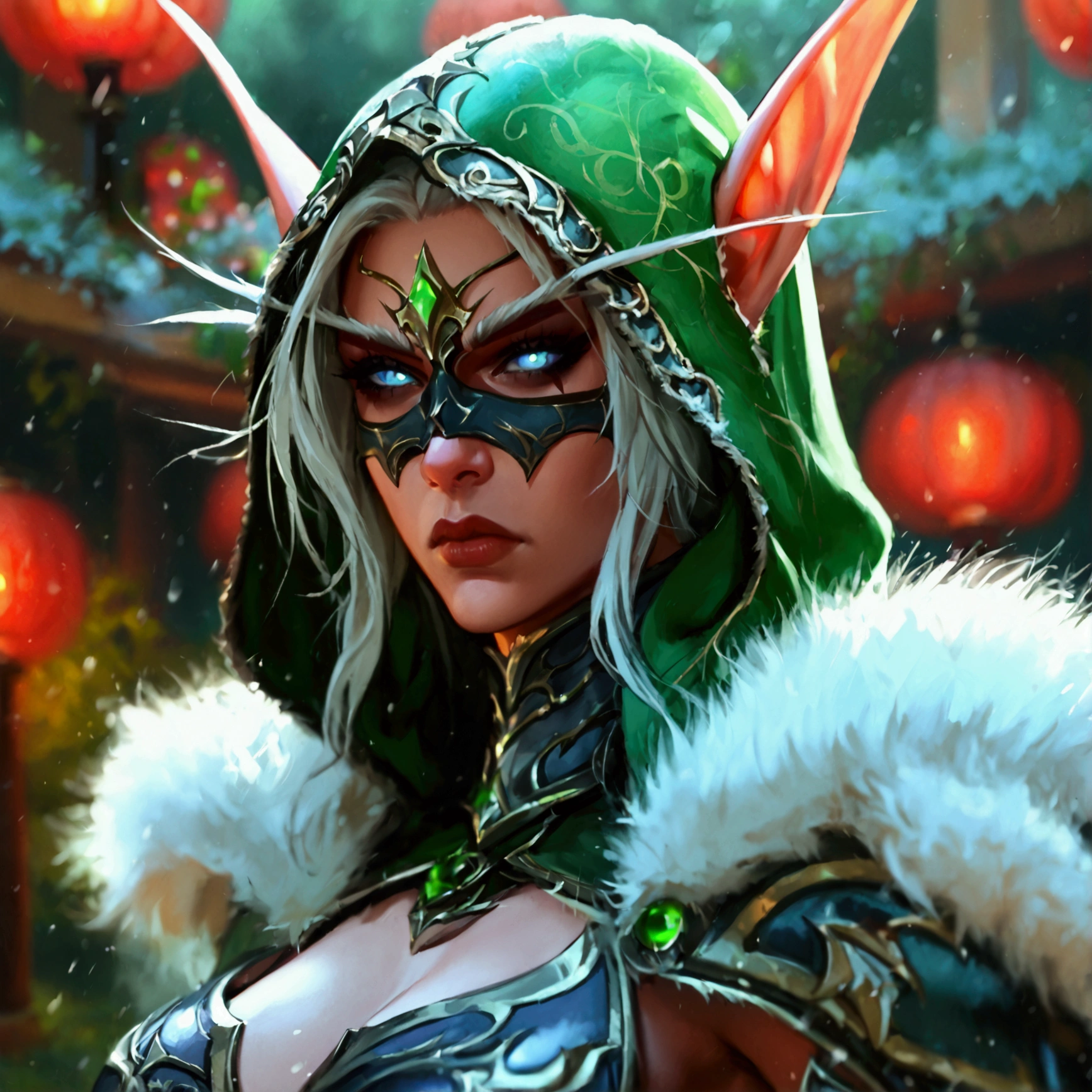 Ultra quality, 1girl, Maievxl, night elf, dark eyes, green cloak, helmet, mask, fur trim, white hair, tail, upper body, shoulder armor, gloves, armor, confident pose, hands on hips, angry, looking at onlooker, outdoors