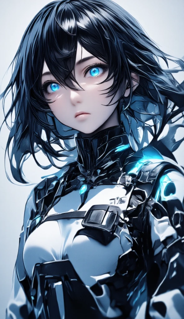  A beautiful young Japanese woman . 
 black hair , far away, fluttering. 
Bioluminescent blue eyes. 
Dressed in a futuristic jumpsuit.
neon effect.
seen from the front.
 full body . 
(anime style 32K, HDR, UHD, intricate detail, extremely intricate detail, hyperrealistic, extremely realistic, high quality, vivid color, extremely detailed, a masterpiece).