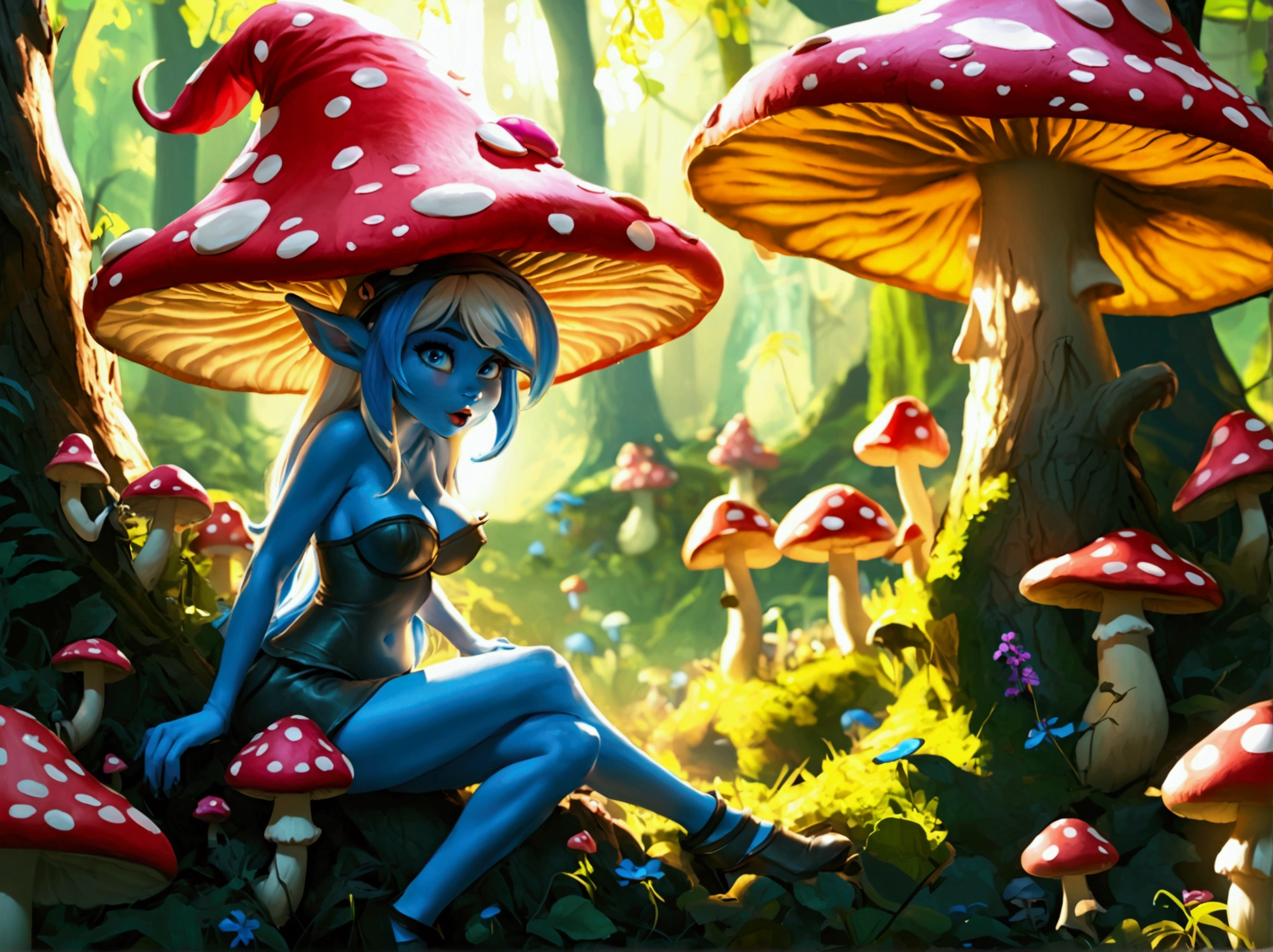 Beautiful Alluring Female Mushroom Hybrid, Oily Bare Skin, bioluminescent spots and stripes patterns on her skin, bluish skin, mushroom cap hat, Athletic Well Toned Body, In An Underground mushroom infested Cave, Barely Clothed, Fantasypunk Theme, Biopunk, Beautiful D&D Character Portrait, Beautiful Face, Ominous, Dark Fantasy, Fiverr Dnd Character, Octane Render, Digital Art, Extreme Detail, 4k, Ultra Hd, Polished, Beautiful, Hyperdetailed, Intricate, Elaborate, Meticulous, Photorealistic, Sharp Focus, Wlop, Character Design, Unreal Engine, 3d Rendered, Volumetric Lighting, Reflections, Glossy, Digital Illustration, Sensual Pose, Suggestive Pose, Full Body Shot, naked, visible nipples, puffy vagina, 💖❤💕💋❣