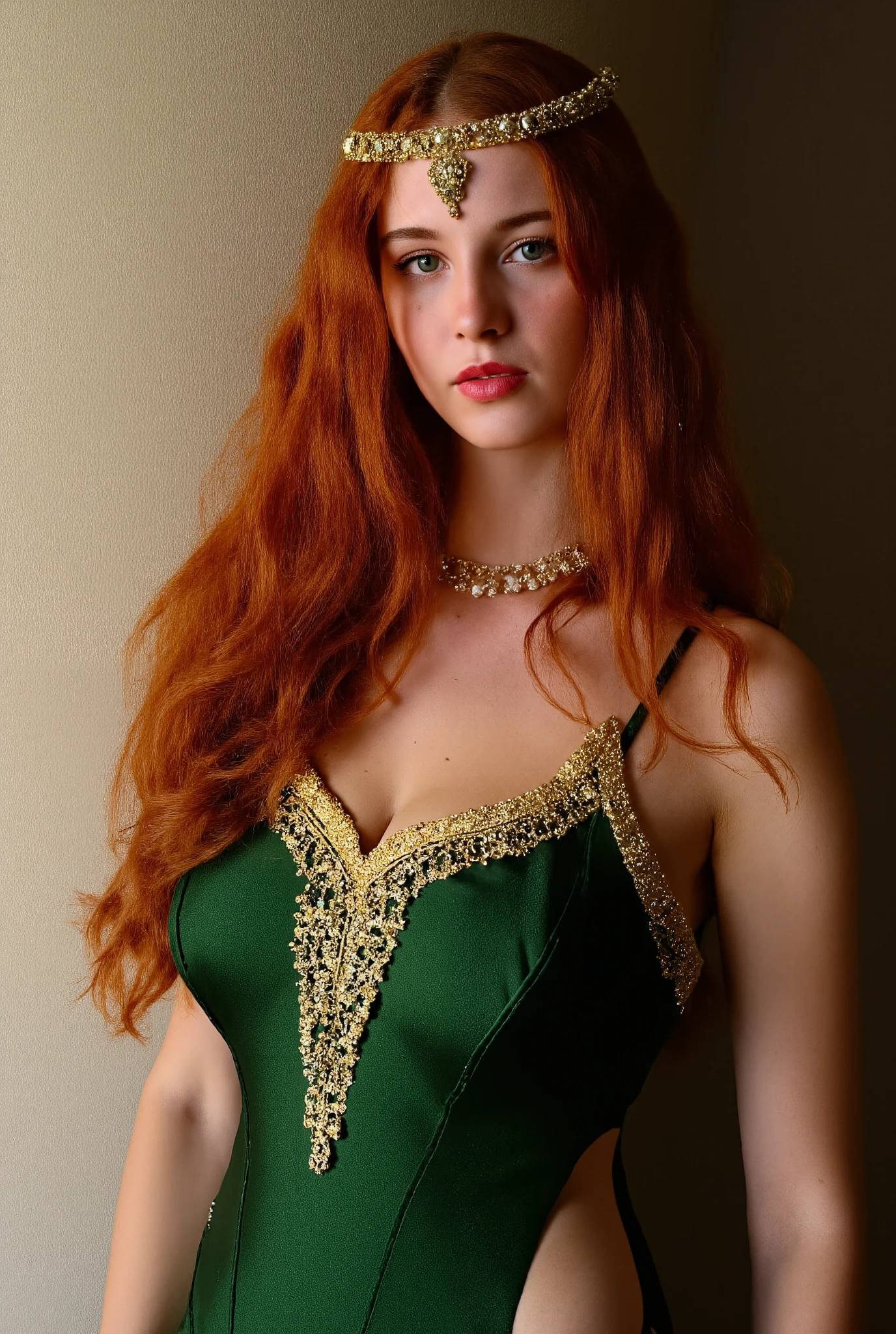 A beautiful girl in a revealing dress with a deep neckline sits on a bedside table in the interior of a luxurious room, in the style of Dante Gabriel Rossetti, Pre-Raphaelites