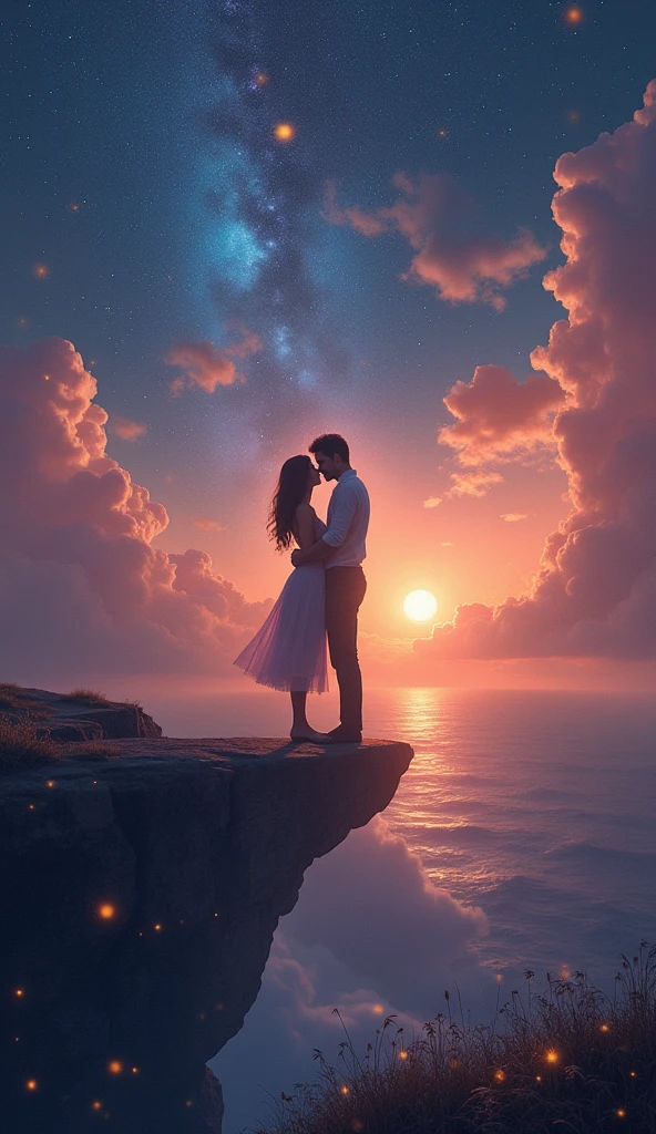 ---

Prompt:

"Visualize an ethereal and romantic scene that captures the essence of love and longing from the lyrics. Depict a couple standing together on the edge of a breathtaking cliff, overlooking a starlit ocean. The night sky is illuminated with vibrant colors, symbolizing the 'light' and 'dark' mentioned in the lyrics. Incorporate elements like glowing constellations and soft, swirling clouds that represent the 'satellites' and the feeling of being lost in each other. The couple should be intertwined, their expressions conveying passion and desire, with the woman's skin radiating a soft glow, representing the 'Holy Grail.' Use warm tones to evoke feelings of intimacy and connection, while also hinting at the tension of 'fading in and out.' The overall mood should be dreamy and enchanting, inviting viewers to feel the intensity of love and the anticipation of what comes next."