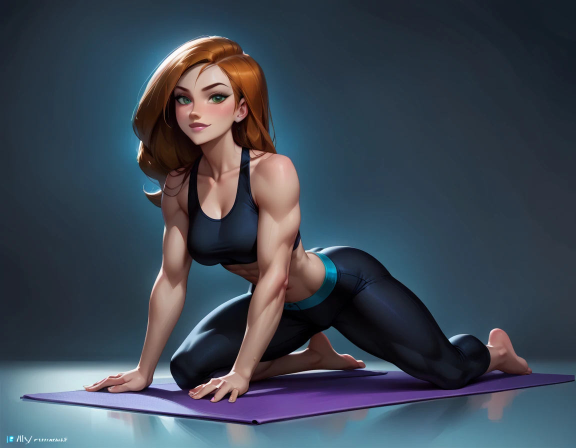 score_9, score_8_up, score_7_up, score_6_up, rating_explicit, source_anime D-art, cute, 1girl, solo, very sexy (Kim Possible, muscular, firm abs, fit body:1.3), wearing (sexy yoga shorts and top, bare shoulders:1.4), perky breasts, aroused, sexy smirk, sexy look, (yoga poses:1.5), dimly lit, perfect hands, (Hand, detailed, perfect, perfection, hands:1.2), perfect proportions, simple background.