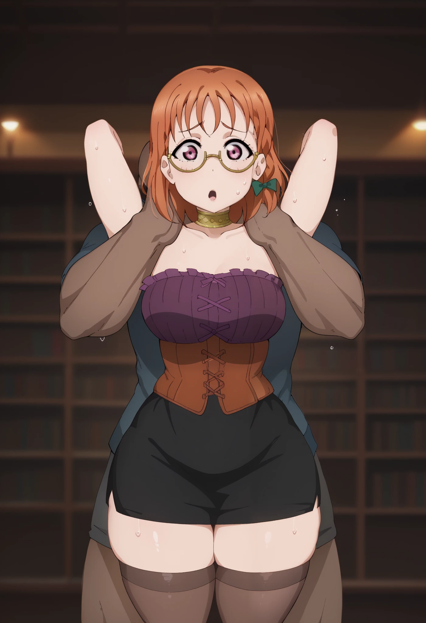 dynamic lighting , love live art style, takami chika , orange hair, medium hair, pink eyes, side braid, circle glasses, corset, pencil skirt,collarbone,neck ring, thighhighs, in black dark library , night , strapless , shiny skin,Elijahzx art style,thin waist,curvy hips, 1boy, interracial congress,full Nelson,wince, surprised, sweating, underwear visible