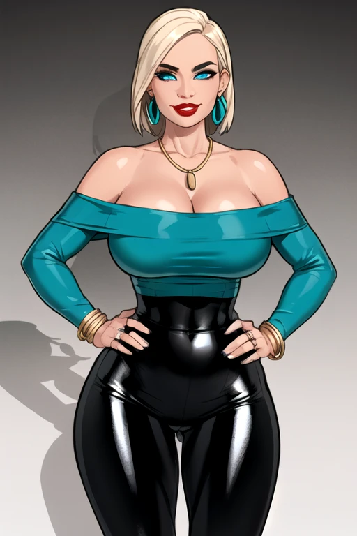 (masterpiece), (best quality), (ultra-detailed), (best illustration), (best shadow), (an extremely delicate and beautiful), (Detailed face:1.2), (Detailed eyes:1.2), (Hourglass figure:1.2),  1girl, solo, 48-year-old woman, short platinum blonde hair, blue eyes, milf, mature female, mascara, eyeshadow, red lipstick, grinning, sultry, sultry face, wrinkles around the face, medium breasts, cleavage, collarbone exposed, ((Wearing a Turquoise off shoulder shirt, shiny black leggings, turquoise earrings, golden necklace with a turquoise gem, golden bracelets)), hands on hips, she's looking at the camera with a calm smile,
