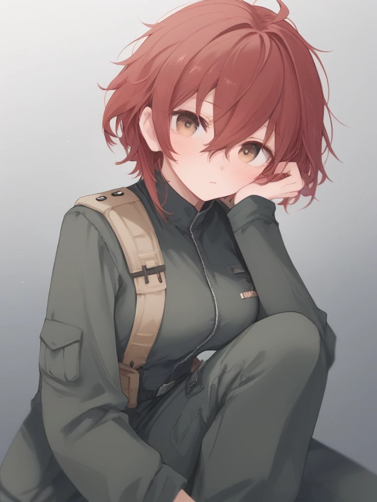 Looking at viewer, 1girl, High Resolution, Blush, Short Hair, Hair Between Eyes, Short Hair, Red Hair, Messy Hair, Anime, Anime Style, military, black military jumpsuit