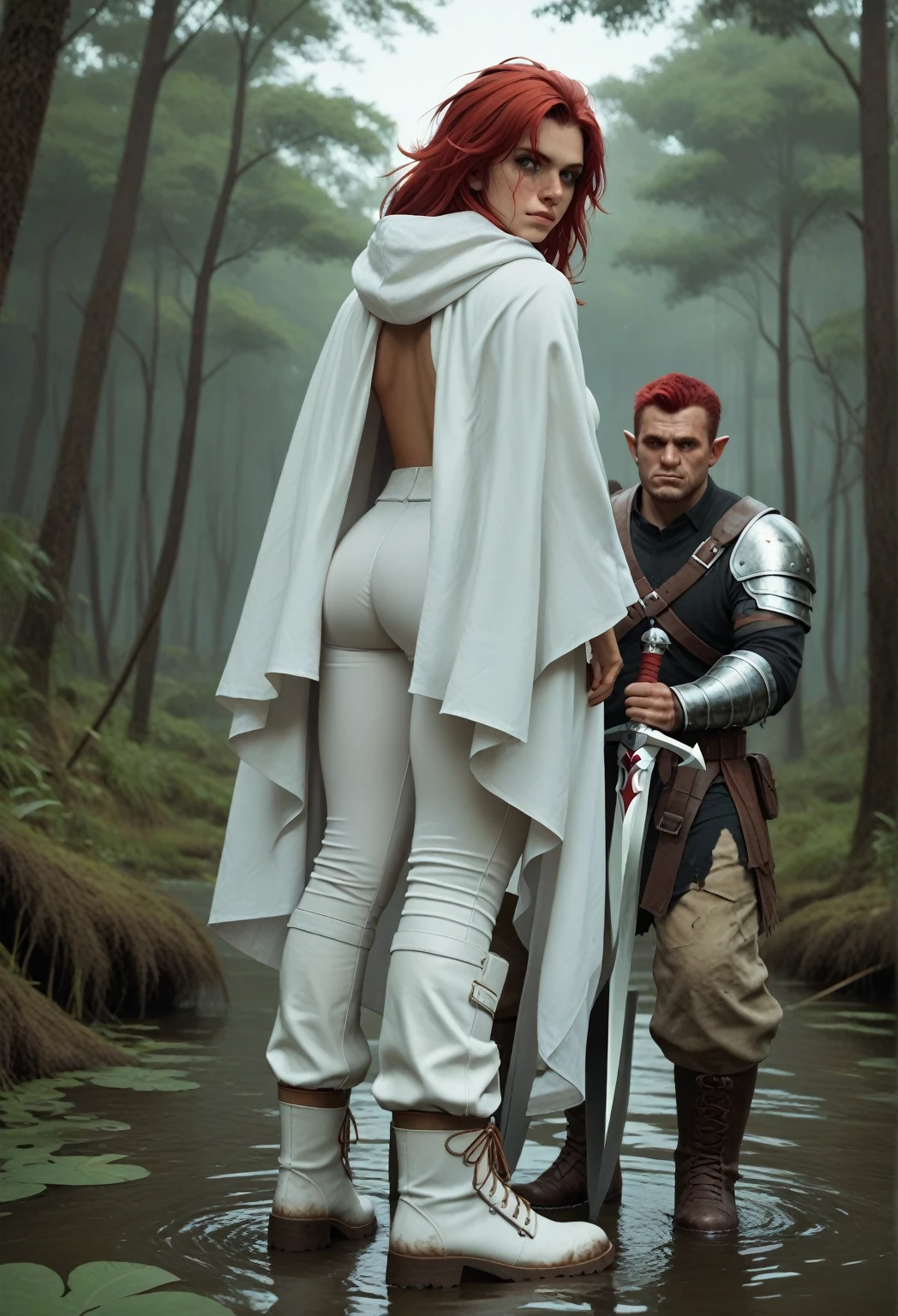 in a swamp, a male orc in brutal combat with a human woman of about 23 years of age with face resembling Motoko Kusanagi with long loose red hair in a spiky free mane and green eyes wearing a tight white shirt and a tight white trousers and white boots and white cloak, with a greatsword at her back, medium ass and biggish breasts