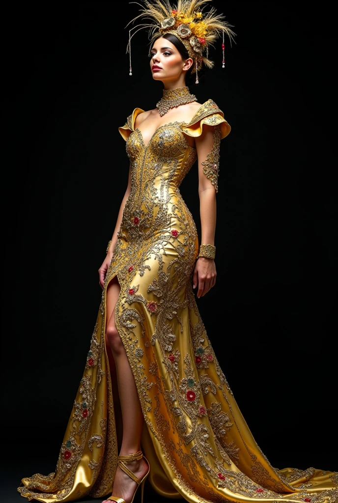 Erotica full body photo of: Perfect eyes, the dark goddes princess, thick body, tiny sagging breasts, wearing green kebaya dress with detailed intricate gold motifs, belt make from gold, cleavage, big earing, big necklaces, big diamond rings, lots of bracelet, (((traditional thai queen crown))), vampire make-up, a wind blowing robe, at the dark room of dracula palace, dark ambient low light, culthu fog effect, arrogant face, full body photo, dynamic angle, greasy skin, armpit, 4k, 8k