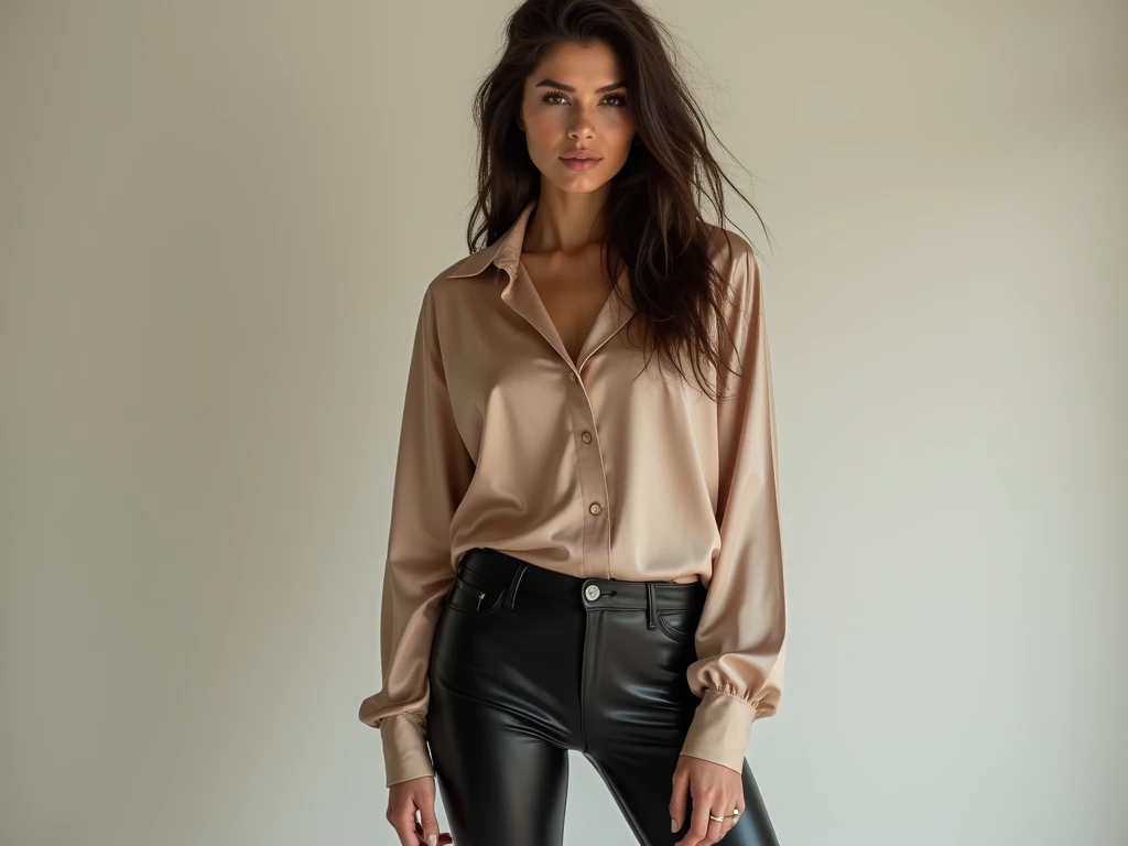 generated a full body of a 21 years old young woman with dark brown hair, medium size chest, innocent expression, With a shy smile, A model leans casually against a grafitti wall on a bustling New York City sidewalk. thigh dark light pink legging pants and a soft, blush-pink silk blouse with delicate buttons down the front strikes a confident pose. The side angle emphasizes the model juxtaposed with the edgy urban art, creating a striking visual impact, The side view captures the city’s vibrant street life while highlighting the sharp contrast and sophistication of her monochrome outfit
