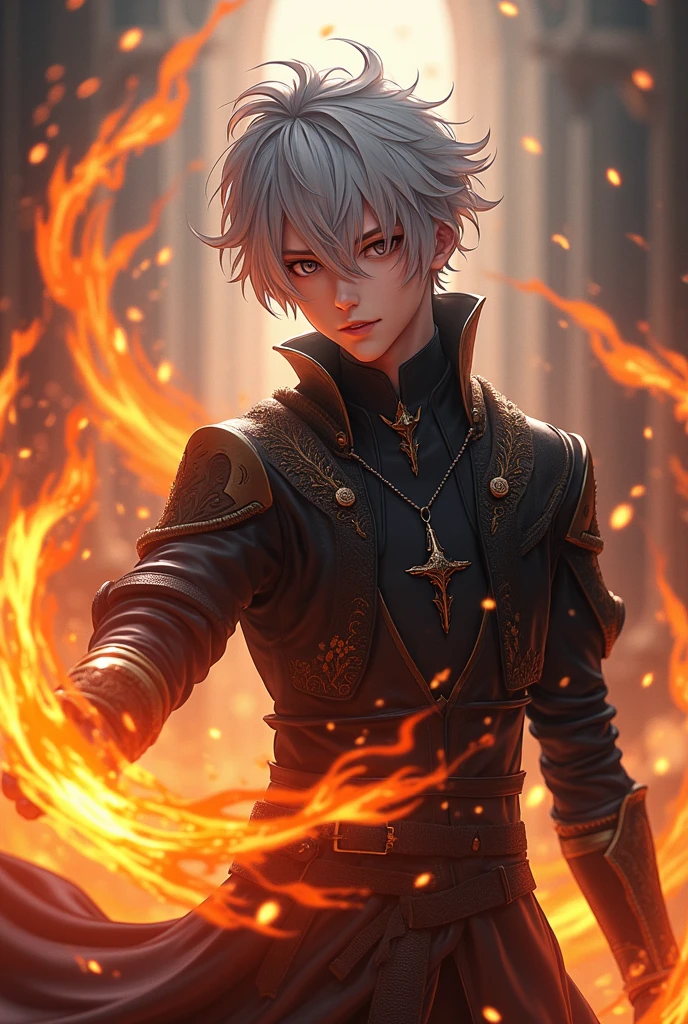 (anime style 3d) a young man, curtain bangs silver hair, grey eyes, seductive and fierce looking, lean and tall, black leather and scaly medieval clothing style, fire binding.