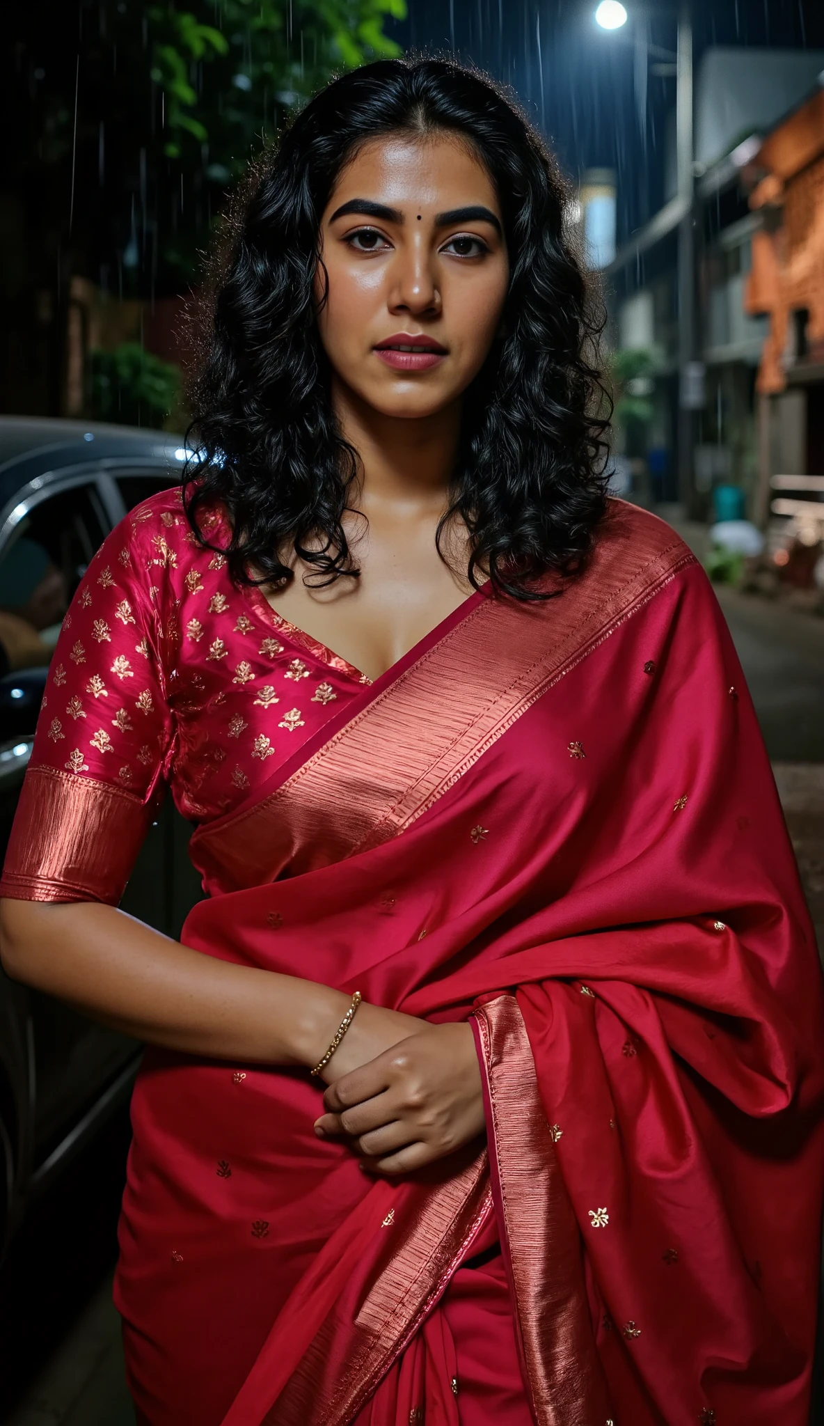 air skinned woman in a rain and getting herself drenched from the rain water in the middle of a night road, she is wearing red sequin silk shiny saree on a shiny red satin u neck short sleeve blouse, fully wet drenched body and clothes, wet long hair, glossy poutlips, cleavage cut line, Large breasts, Accurate, Long Hair, Makeup, Embarrassed, rainy indian slum background, wet clothe, wet hair, wet body , tight saree, tight fit blouse, wet saree ,wet breasts, spot light focusing on her , Looking at viewer,