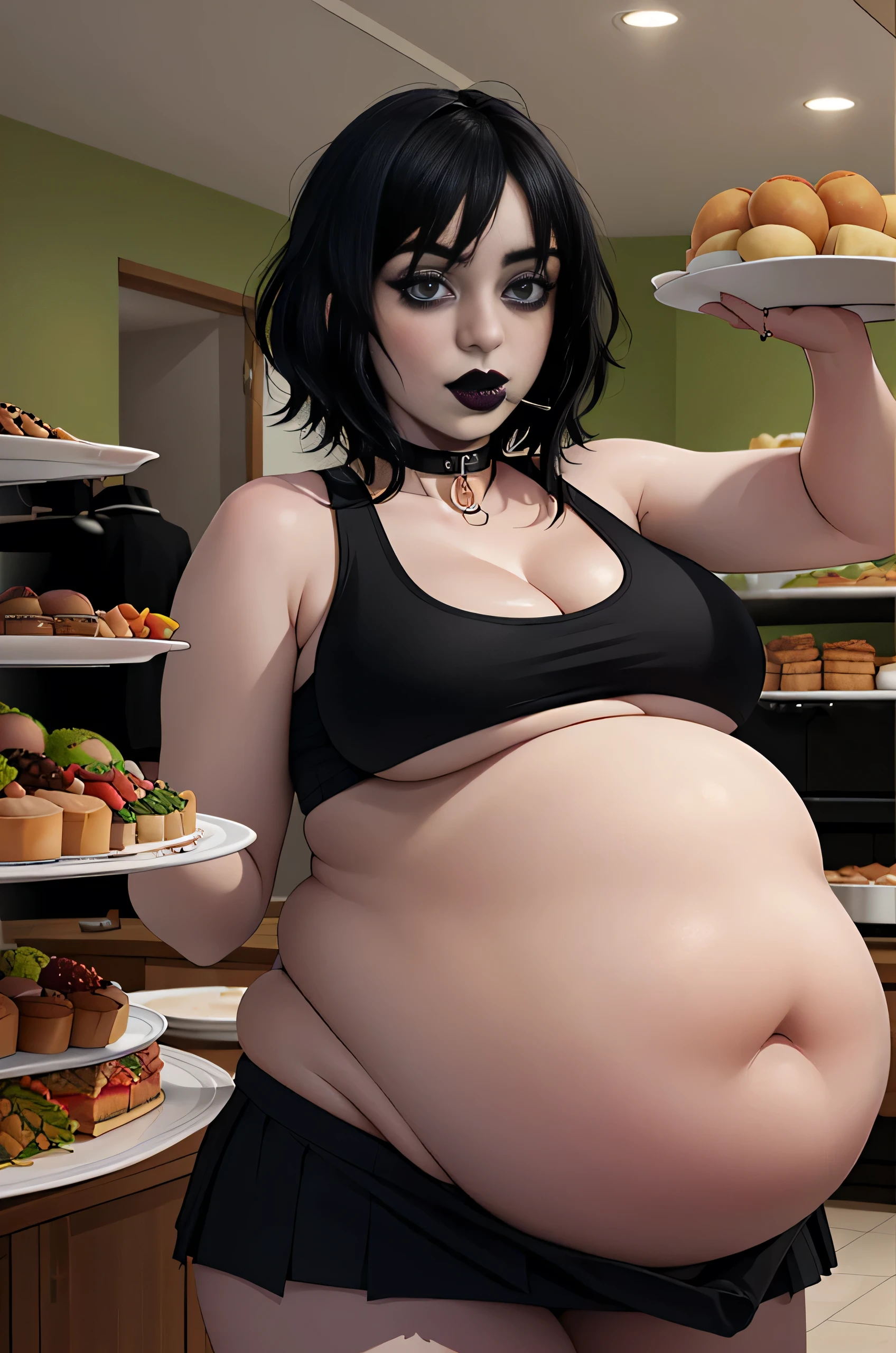 Billie Eilish, (Billie Eilish:1.5), masterpiece quality, (masterpiece quality:1.3), detailed, realistic, (realistic:1.3), 1girl, solo, (solo:1.9), in a busy restaurant, buffet table in background, (buffet in background:1.5), lots of food, (lots of food in background:1.5), black hair, (black hair:1.5), short hair, wearing black lipstick, (wearing black lipstick:1.5), wearing choker collar, (wearing choker collar:1.5), wearing black tank top, (wearing black tank top:1.5), midriff, (midriff:1.5), wearing black miniskrt, (wearing black miniskirt:1.5), huge breasts, (huge breasts:1.2), chubby body, chubby belly, (chubby belly:1.5),
