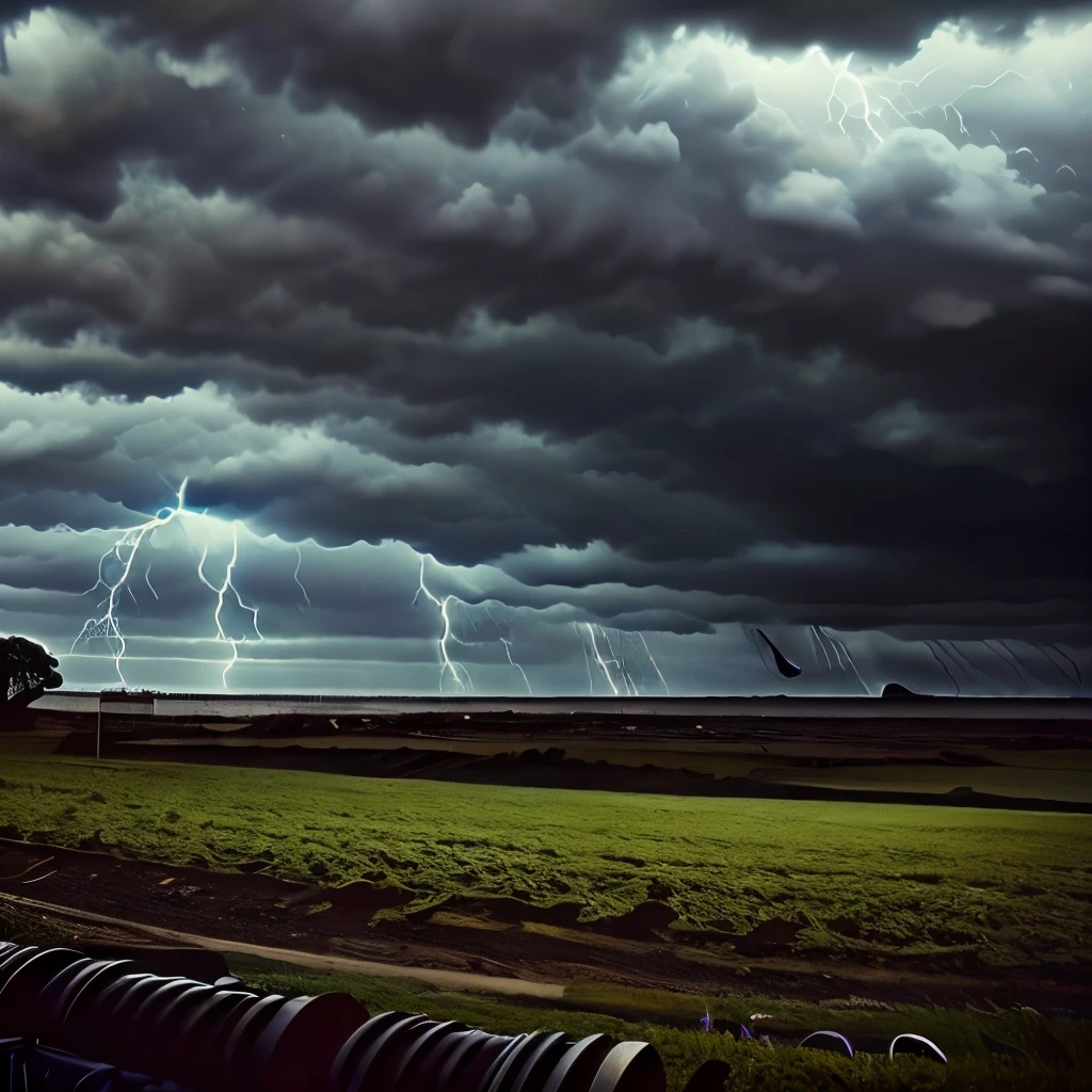 arafed view of a field with a fence and a storm cloud, a picture by Dennis Ashbaugh, pexels, renaissance, thunderstorm supercell, severe weather storms, turbulent storm clouds, weather photography, storm arriving, storm clouds, big storm clouds, huge storm, tumultuous, dramatic storm clouds, menacing atmosphere, stormclouds, severe - looking