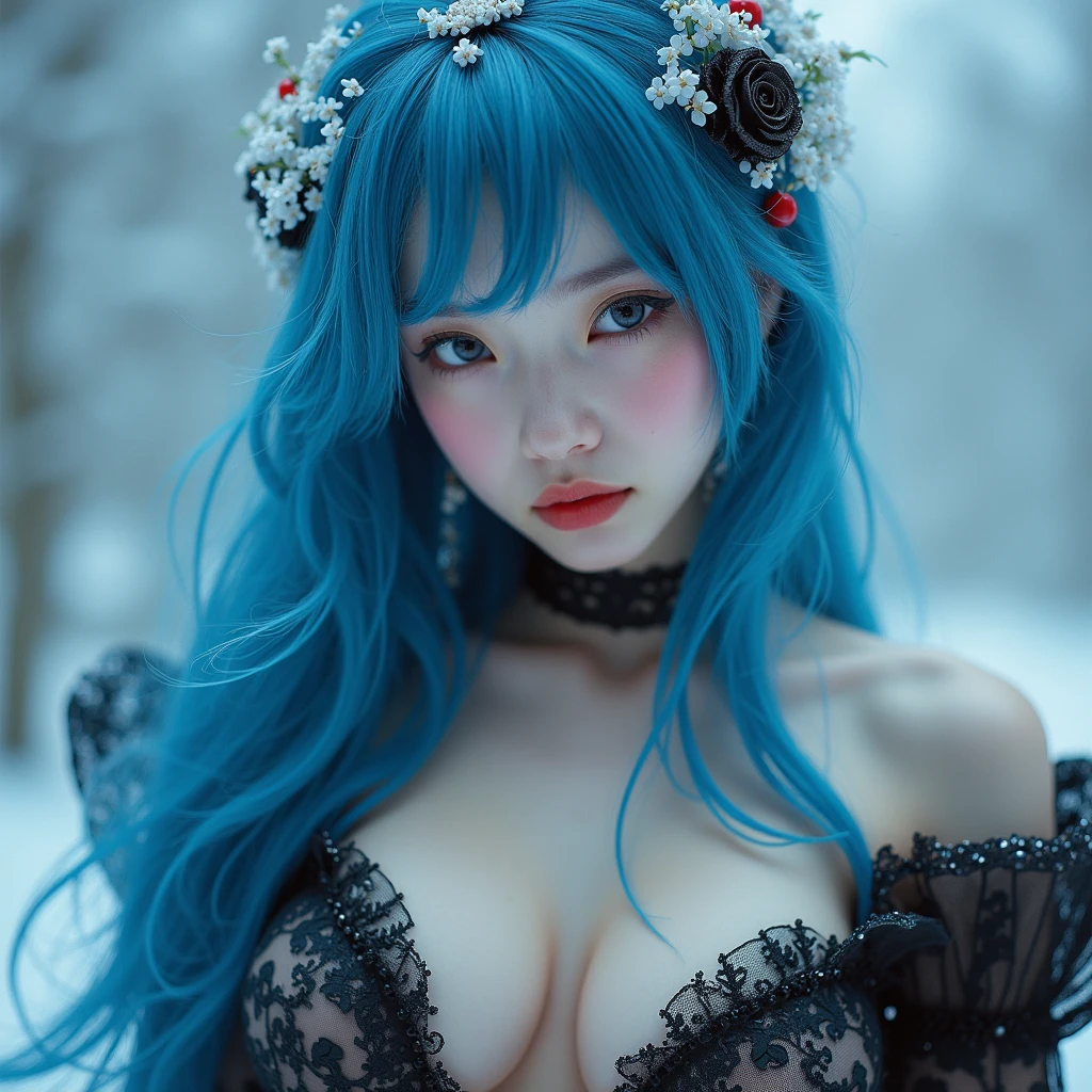 Snow Country High Resolution Light Blue Hair & Cleavage Fantastic World Yukihana, 22 years old, crouching Korean Makeup Low nose Shortcuts