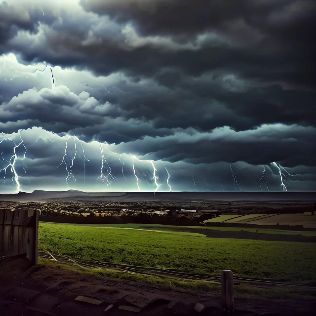 arafed view of a field with a fence and a storm cloud, a picture by Dennis Ashbaugh, pexels, renaissance, thunderstorm supercell, severe weather storms, turbulent storm clouds, weather photography, storm arriving, storm clouds, big storm clouds, huge storm, tumultuous, dramatic storm clouds, menacing atmosphere, stormclouds, severe - looking