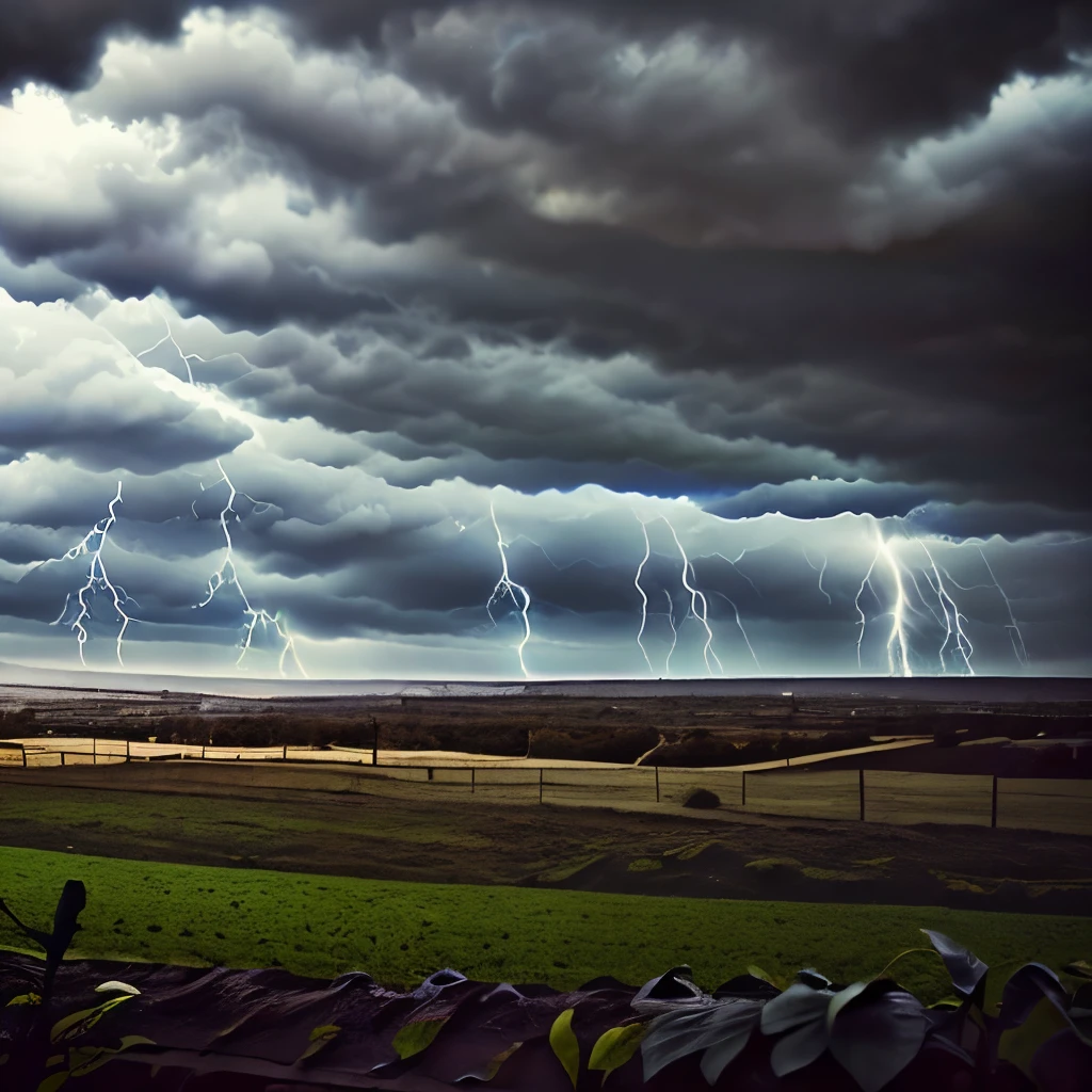 arafed view of a field with a fence and a storm cloud, a picture by Dennis Ashbaugh, pexels, renaissance, thunderstorm supercell, severe weather storms, turbulent storm clouds, weather photography, storm arriving, storm clouds, big storm clouds, huge storm, tumultuous, dramatic storm clouds, menacing atmosphere, stormclouds, severe - looking