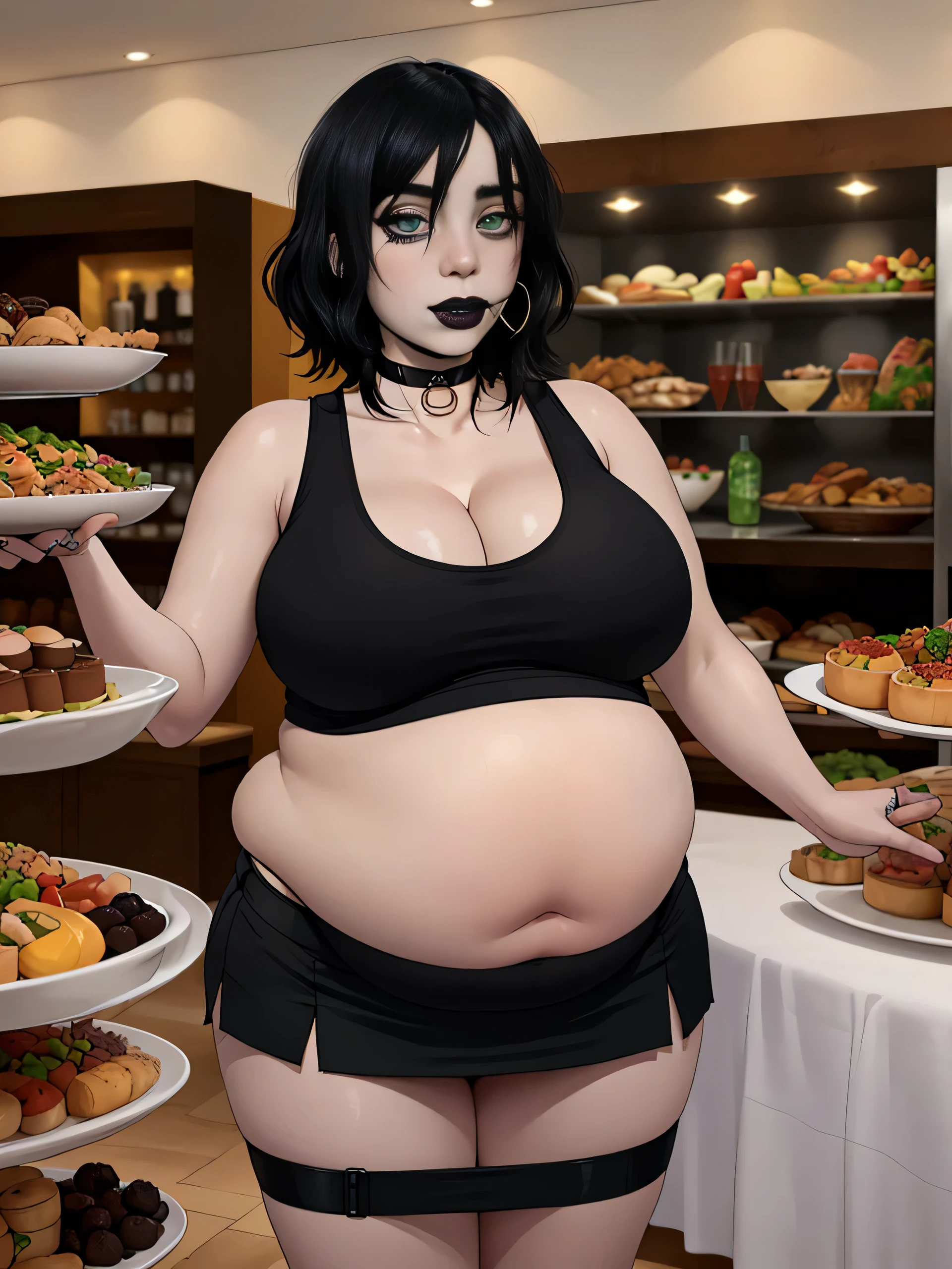 Billie Eilish, (Billie Eilish:1.5), masterpiece quality, (masterpiece quality:1.3), detailed, realistic, (realistic:1.3), 1girl, solo, (solo:1.9), in a busy restaurant, buffet table in background, (buffet in background:1.5), lots of food, (lots of food in background:1.5), black hair, (black hair:1.5), short hair, wearing black lipstick, (wearing black lipstick:1.5), wearing choker collar, (wearing choker collar:1.5), wearing black tank top, (wearing black tank top:1.5), midriff, (midriff:1.5), wearing black miniskrt, (wearing black miniskirt:1.5), huge breasts, (huge breasts:1.4), chubby body, chubby belly, (chubby belly:1.5),