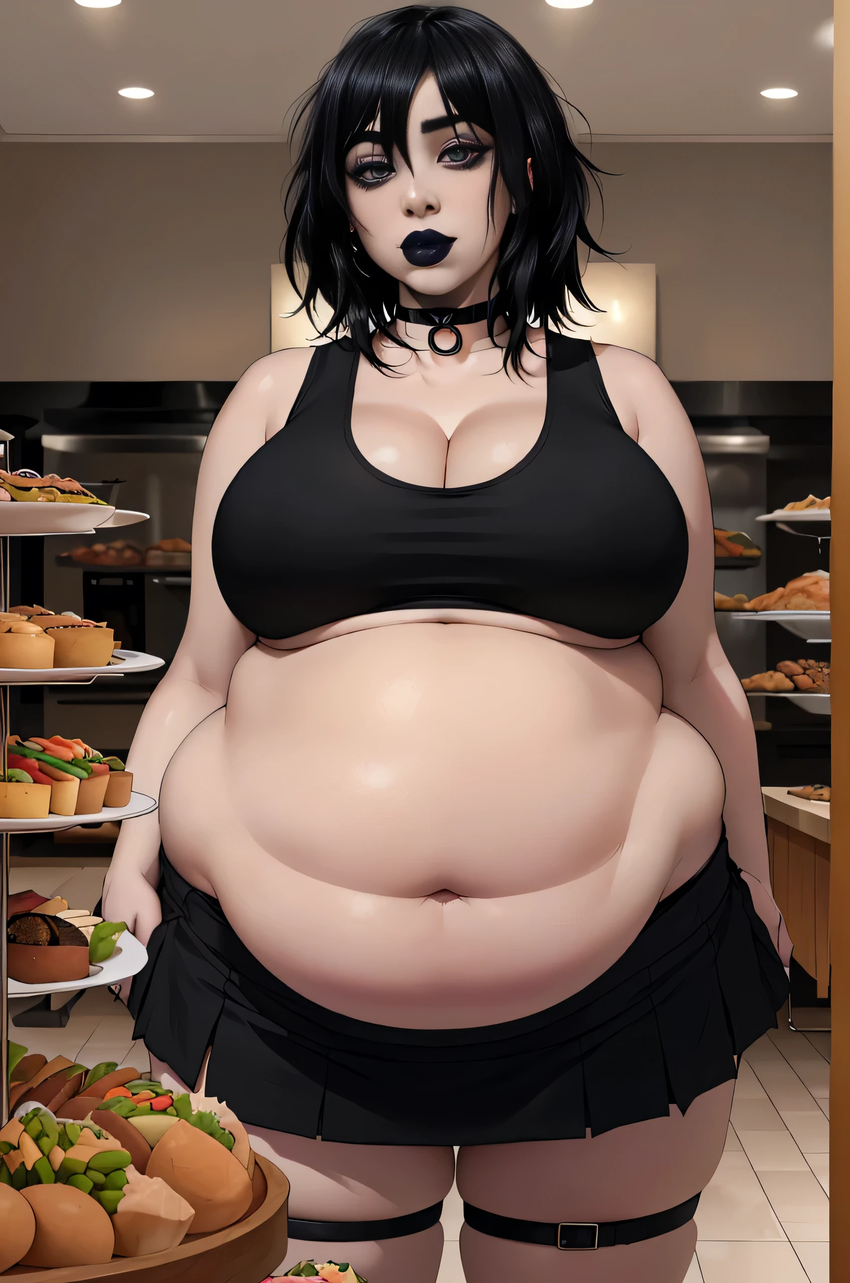 Billie Eilish, (Billie Eilish:1.5), masterpiece quality, (masterpiece quality:1.3), detailed, realistic, (realistic:1.3), 1girl, solo, (solo:1.9), in a busy restaurant, buffet table in background, (buffet in background:1.5), lots of food, (lots of food in background:1.5), black hair, (black hair:1.5), short hair, wearing black lipstick, (wearing black lipstick:1.5), wearing choker collar, (wearing choker collar:1.5), wearing black tank top, (wearing black tank top:1.5), midriff, (midriff:1.5), wearing black miniskrt, (wearing black miniskirt:1.5), huge breasts, (huge breasts:1.4), chubby body, chubby belly, (chubby belly:1.5),