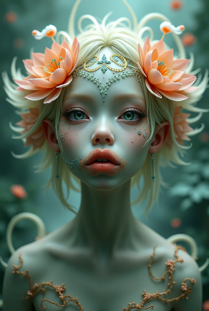 detail, Realism, 4K, , facial detailing, large yellow eyes, Plump lips, Upturned nose, Gray hair on pink hair, A Beautiful Mermaid 🧜‍♀️ , Full Body Shot Detailed color and size of the picture od Mermaid in water, Flowers in the background, White butterfly in the foreground, Realistic shooting, depth of fields, Soft front light, Glow, nffsw (PastelColors: 1.2), Canon RF 100mm f2.8L 宏 IS USM