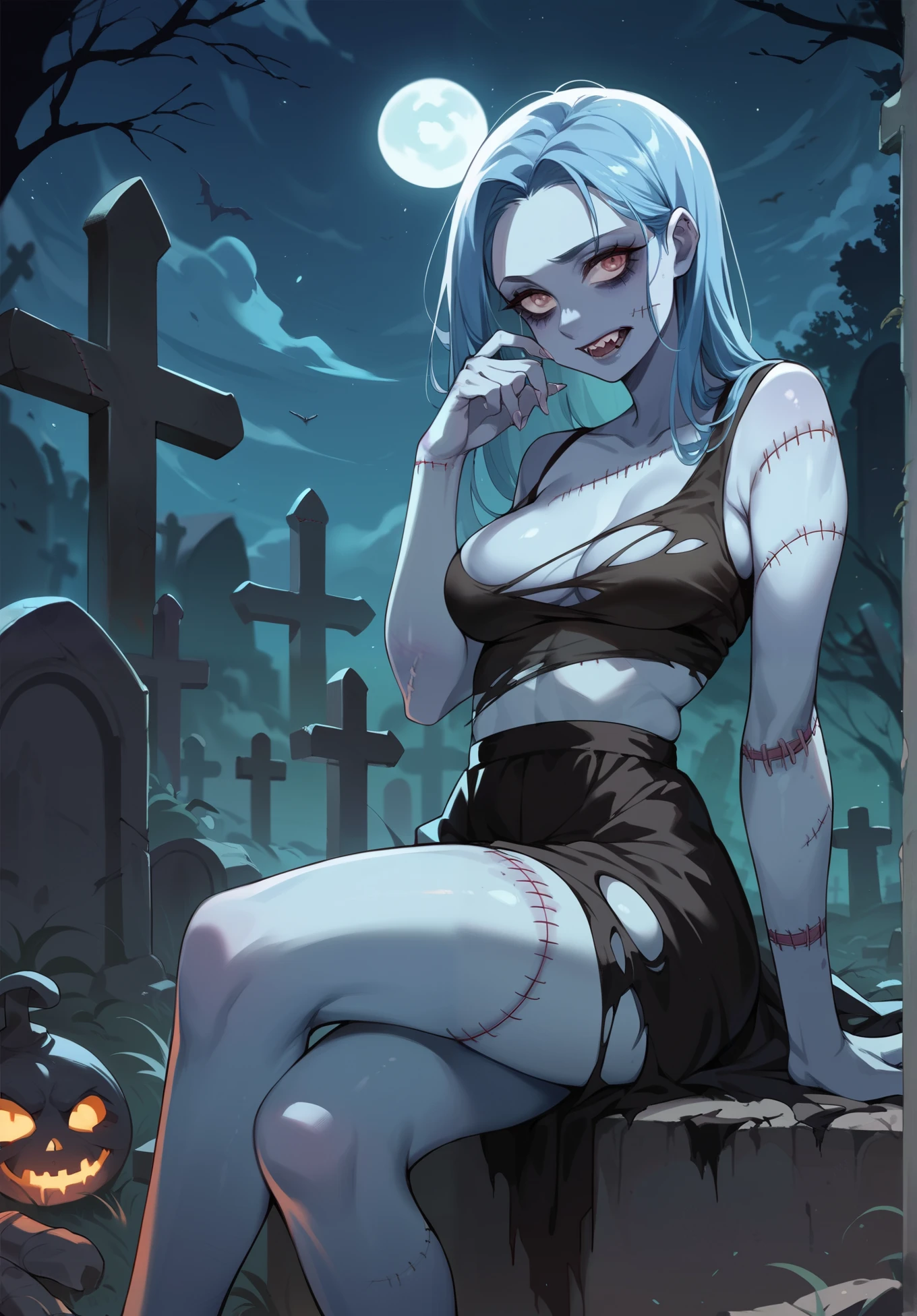 zombie girl, undead, light blue skin, body stitches, torn up clothes, sitting on a grave, cemetery, night time,