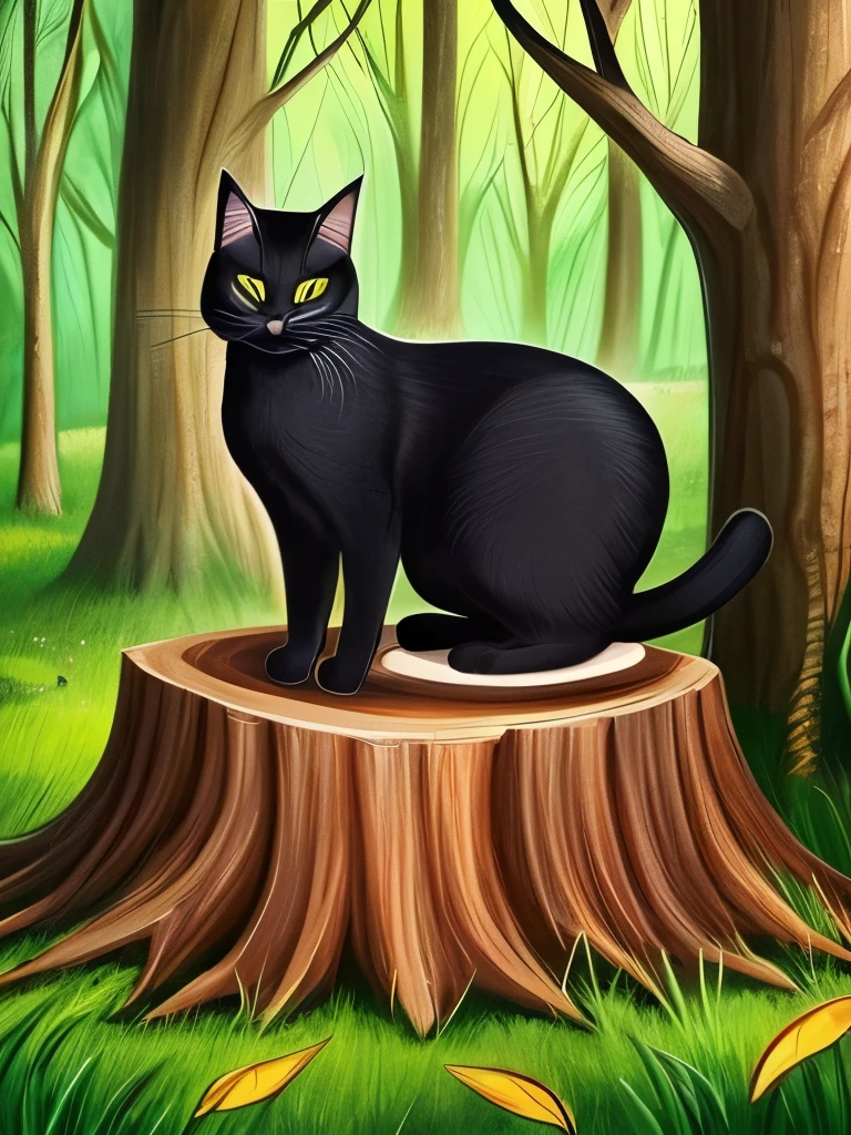 painting of a cat sitting on a tree stump in a forest, cat in the forest, sitting in a colorful forest, in a magical forest, in the magical forest, by Yang J, magical forest, detailed painting 4 k, magical colors and atmosphere, warrior cats fan art, dreamy art, wow it is beautiful, magical environment, jen bartel, warrior cats