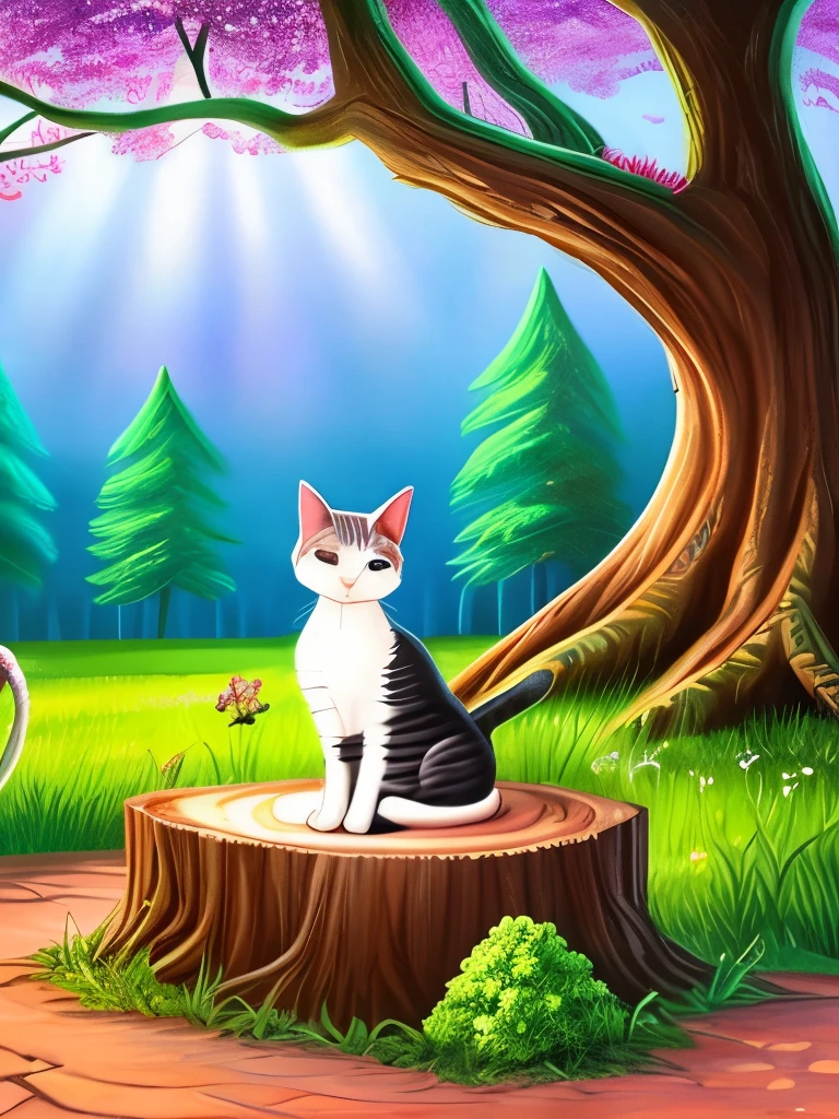 painting of a cat sitting on a tree stump in a forest, cat in the forest, sitting in a colorful forest, in a magical forest, in the magical forest, by Yang J, magical forest, detailed painting 4 k, magical colors and atmosphere, warrior cats fan art, dreamy art, wow it is beautiful, magical environment, jen bartel, warrior cats