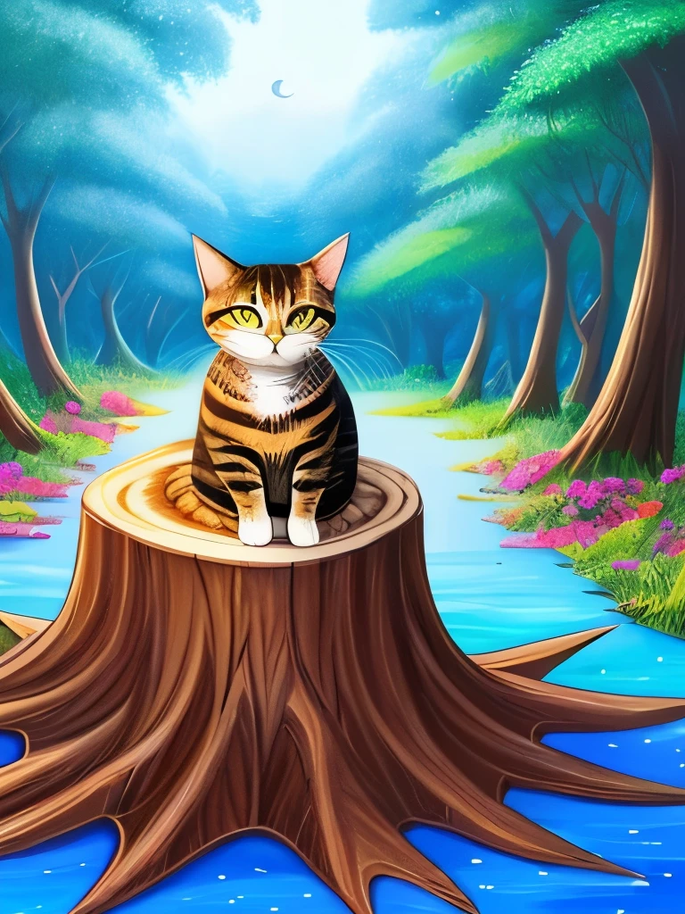 painting of a cat sitting on a tree stump in a forest, cat in the forest, sitting in a colorful forest, in a magical forest, in the magical forest, by Yang J, magical forest, detailed painting 4 k, magical colors and atmosphere, warrior cats fan art, dreamy art, wow it is beautiful, magical environment, jen bartel, warrior cats