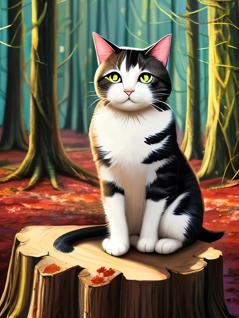 painting of a cat sitting on a tree stump in a forest, cat in the forest, sitting in a colorful forest, in a magical forest, in the magical forest, by Yang J, magical forest, detailed painting 4 k, magical colors and atmosphere, warrior cats fan art, dreamy art, wow it is beautiful, magical environment, jen bartel, warrior cats