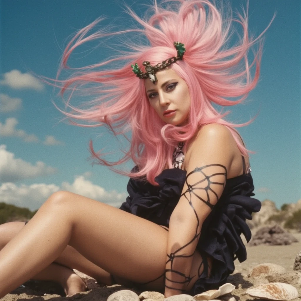 arafed image of a Lady Gaga in a bikini sitting on a shell, an album cover inspired by David LaChapelle, tumblr, psychedelic art, “ femme on a galactic shore, lady gaga artpop act ii, venus goddess, lady gaga with her venus pink hair, lady gaga artpop act ii album, aphrodite goddess of love, earth goddess mythology