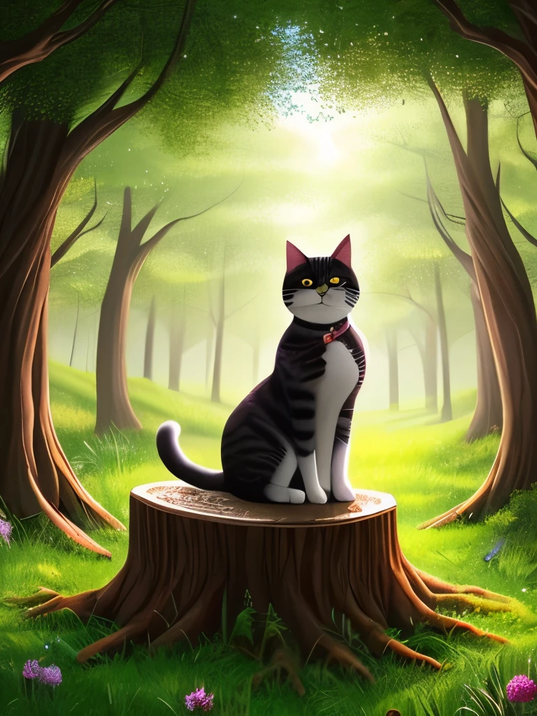 painting of a cat sitting on a tree stump in a forest, cat in the forest, sitting in a colorful forest, in a magical forest, in the magical forest, by Yang J, magical forest, detailed painting 4 k, magical colors and atmosphere, warrior cats fan art, dreamy art, wow it is beautiful, magical environment, jen bartel, warrior cats