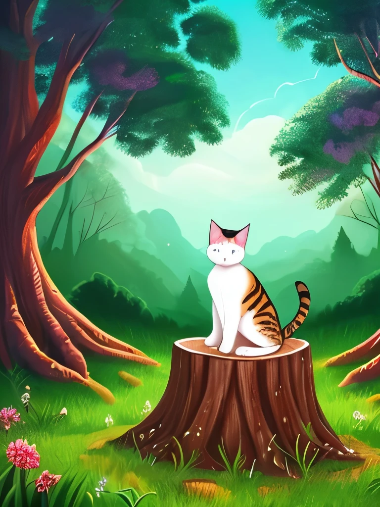 painting of a cat sitting on a tree stump in a forest, cat in the forest, sitting in a colorful forest, in a magical forest, in the magical forest, by Yang J, magical forest, detailed painting 4 k, magical colors and atmosphere, warrior cats fan art, dreamy art, wow it is beautiful, magical environment, jen bartel, warrior cats