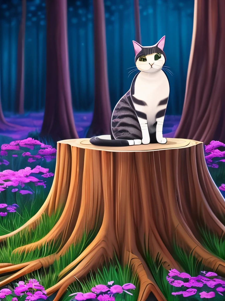 painting of a cat sitting on a tree stump in a forest, cat in the forest, sitting in a colorful forest, in a magical forest, in the magical forest, by Yang J, magical forest, detailed painting 4 k, magical colors and atmosphere, warrior cats fan art, dreamy art, wow it is beautiful, magical environment, jen bartel, warrior cats