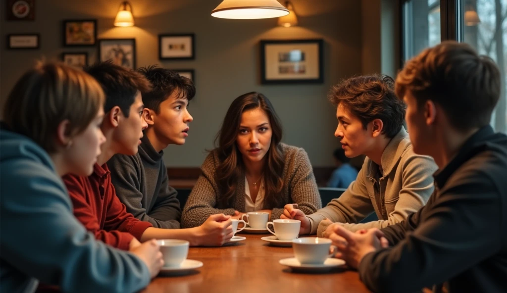 (masterpiece, best quality:1.2), (super details), (award winning), (realistic), (photography),Six people, four boy and two girl, are sitting and arguing with each other in a coffee house.