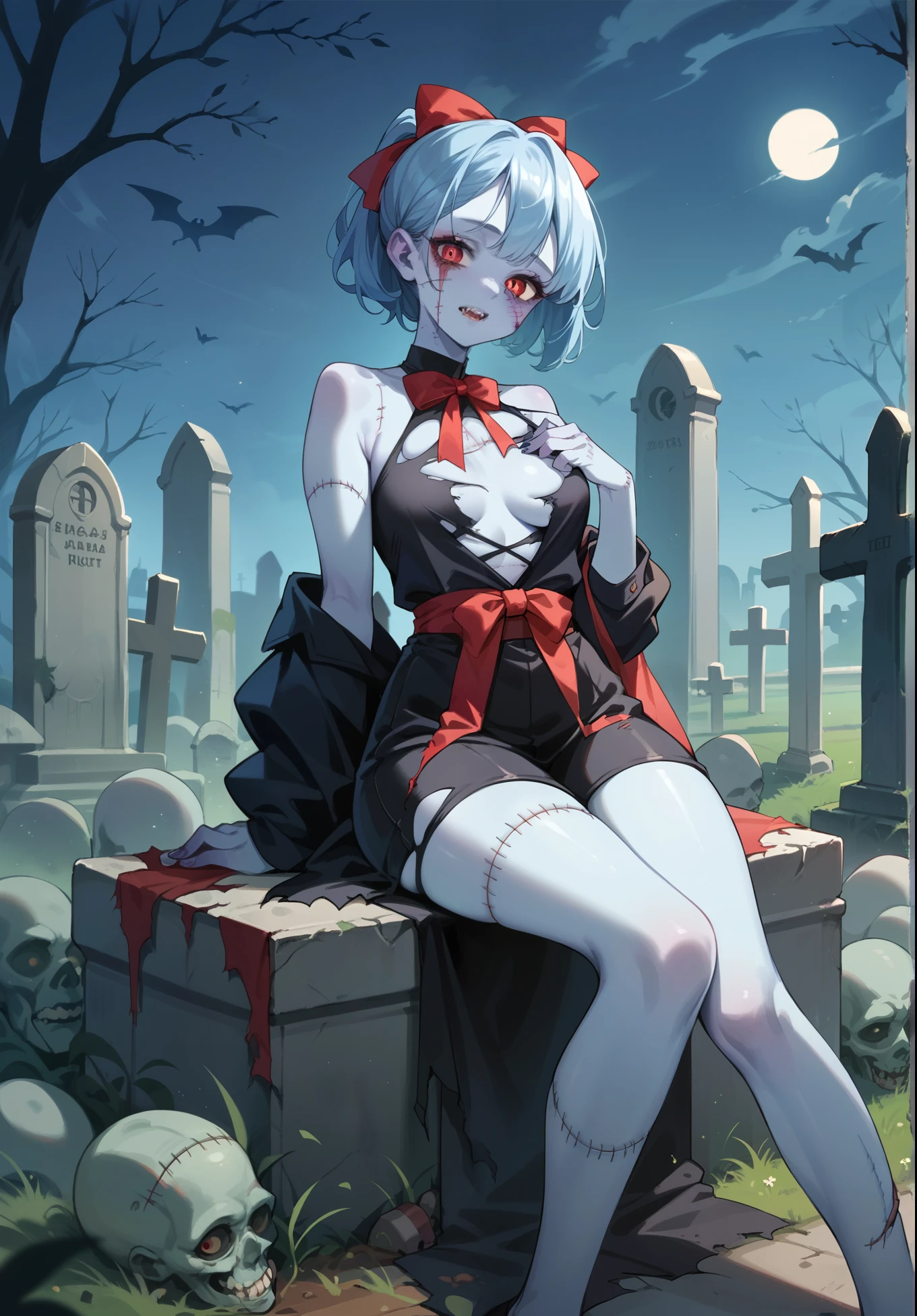 alta resolução, obra-prima, melhor qualidade, foto corpo inteiro, 1girl, white hair, white clothes, back at you, in the background cemetery on night, pele finamente detalhada